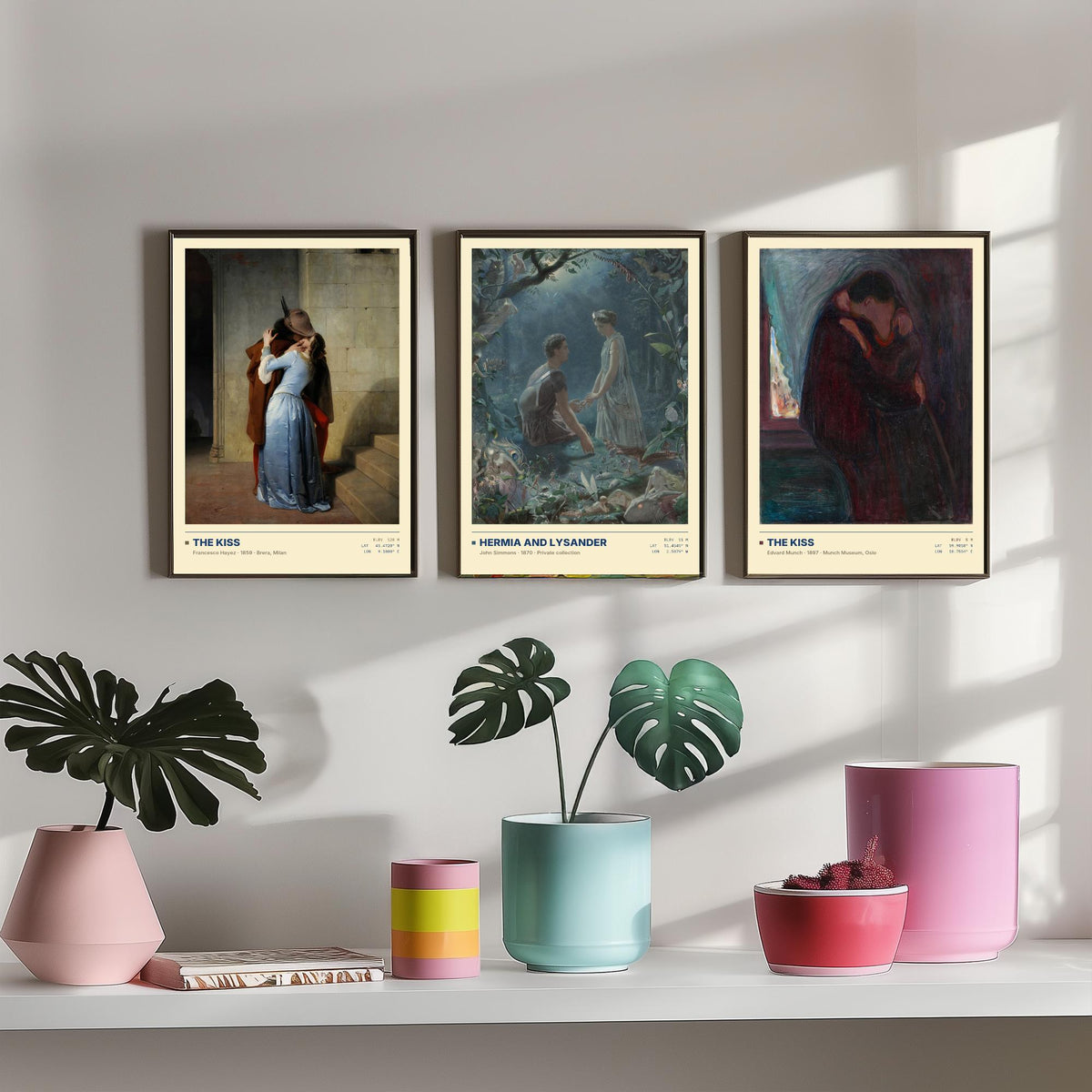Romantic Embraces Set of Three Art Prints - The Kiss by Hayez, Hermia and Lysander, The Kiss by Munch - Love Gallery Posters - Paintings