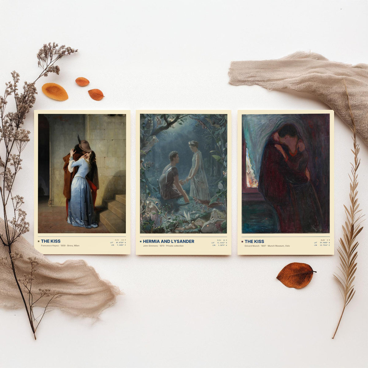 Romantic Embraces Set of Three Art Prints - The Kiss by Hayez, Hermia and Lysander, The Kiss by Munch - Love Gallery Posters - Paintings