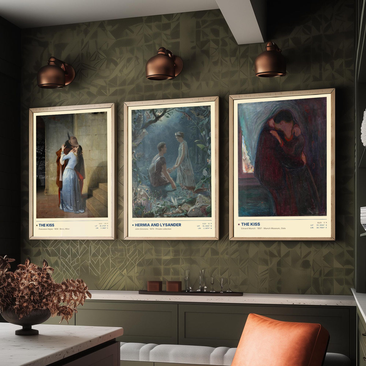 Romantic Embraces Set of Three Art Prints - The Kiss by Hayez, Hermia and Lysander, The Kiss by Munch - Love Gallery Posters - Paintings