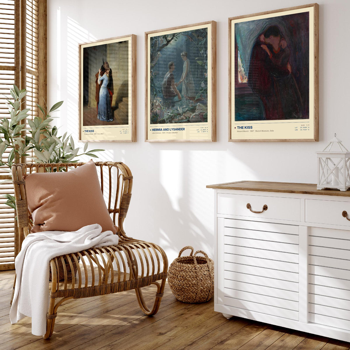 Romantic Embraces Set of Three Art Prints - The Kiss by Hayez, Hermia and Lysander, The Kiss by Munch - Love Gallery Posters - Paintings