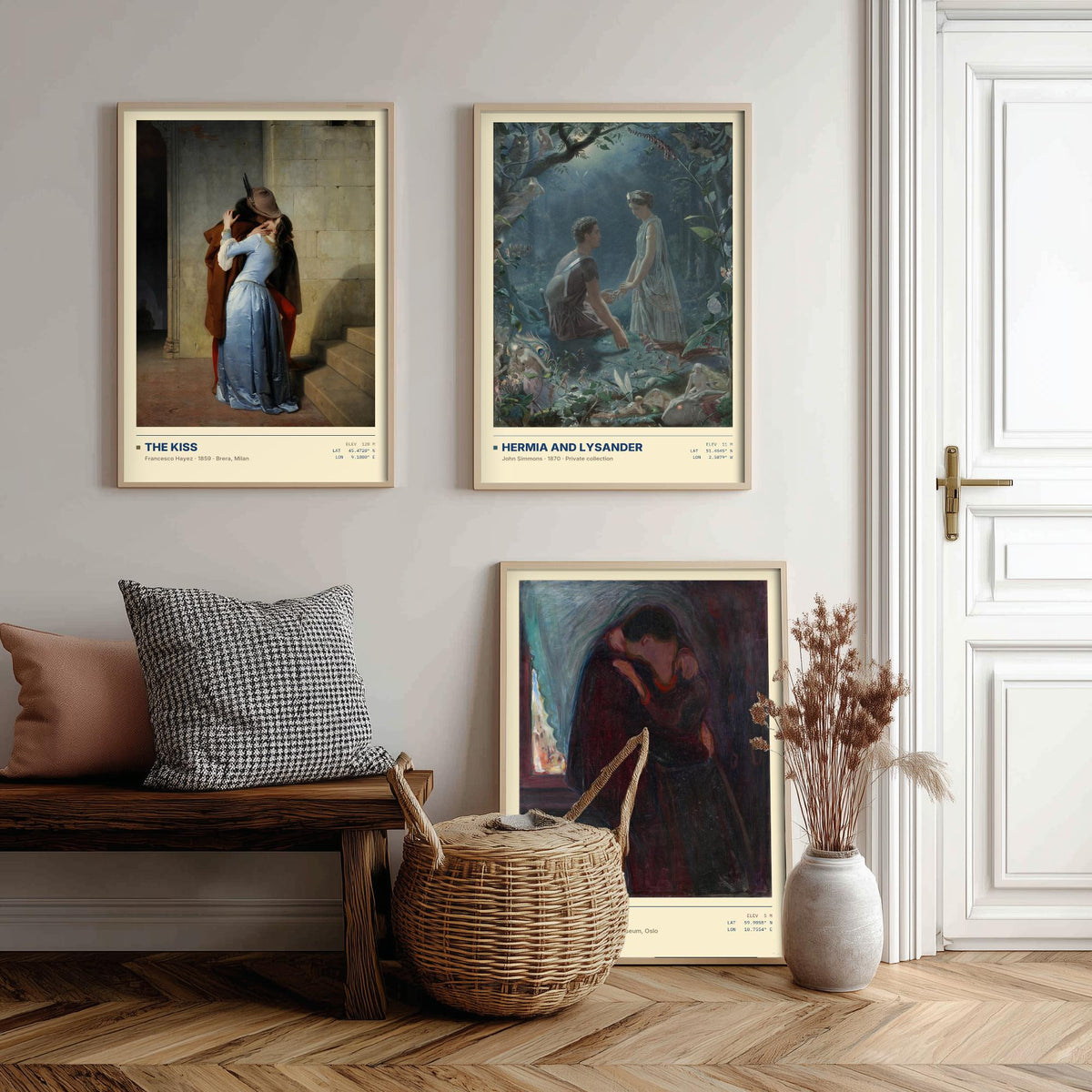 Romantic Embraces Set of Three Art Prints - The Kiss by Hayez, Hermia and Lysander, The Kiss by Munch - Love Gallery Posters - Paintings