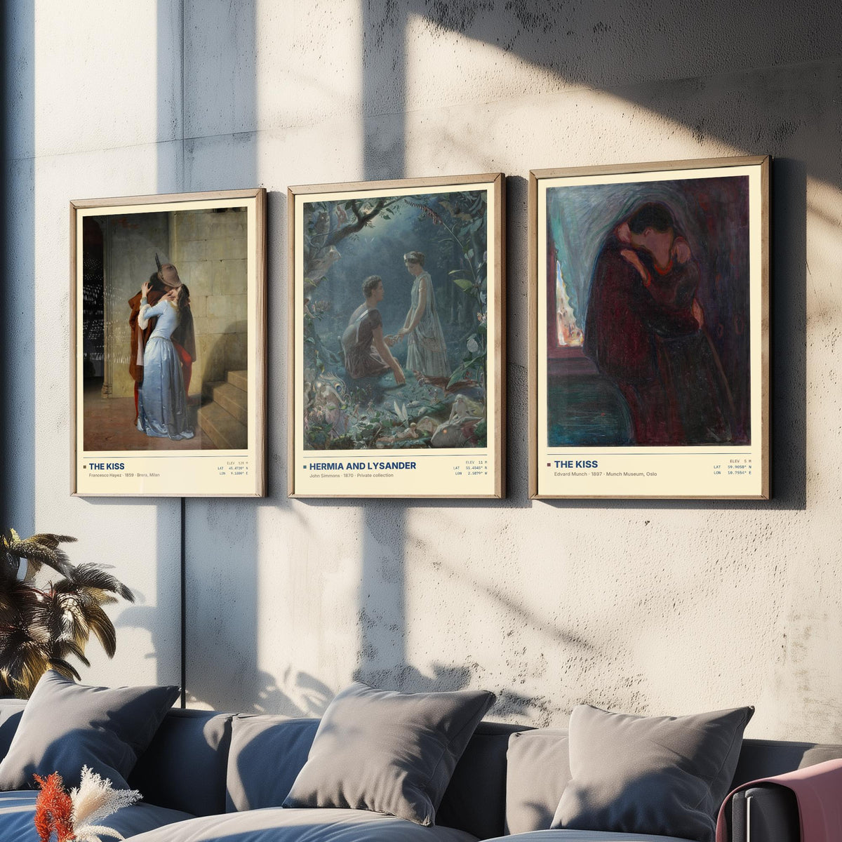Romantic Embraces Set of Three Art Prints - The Kiss by Hayez, Hermia and Lysander, The Kiss by Munch - Love Gallery Posters - Paintings