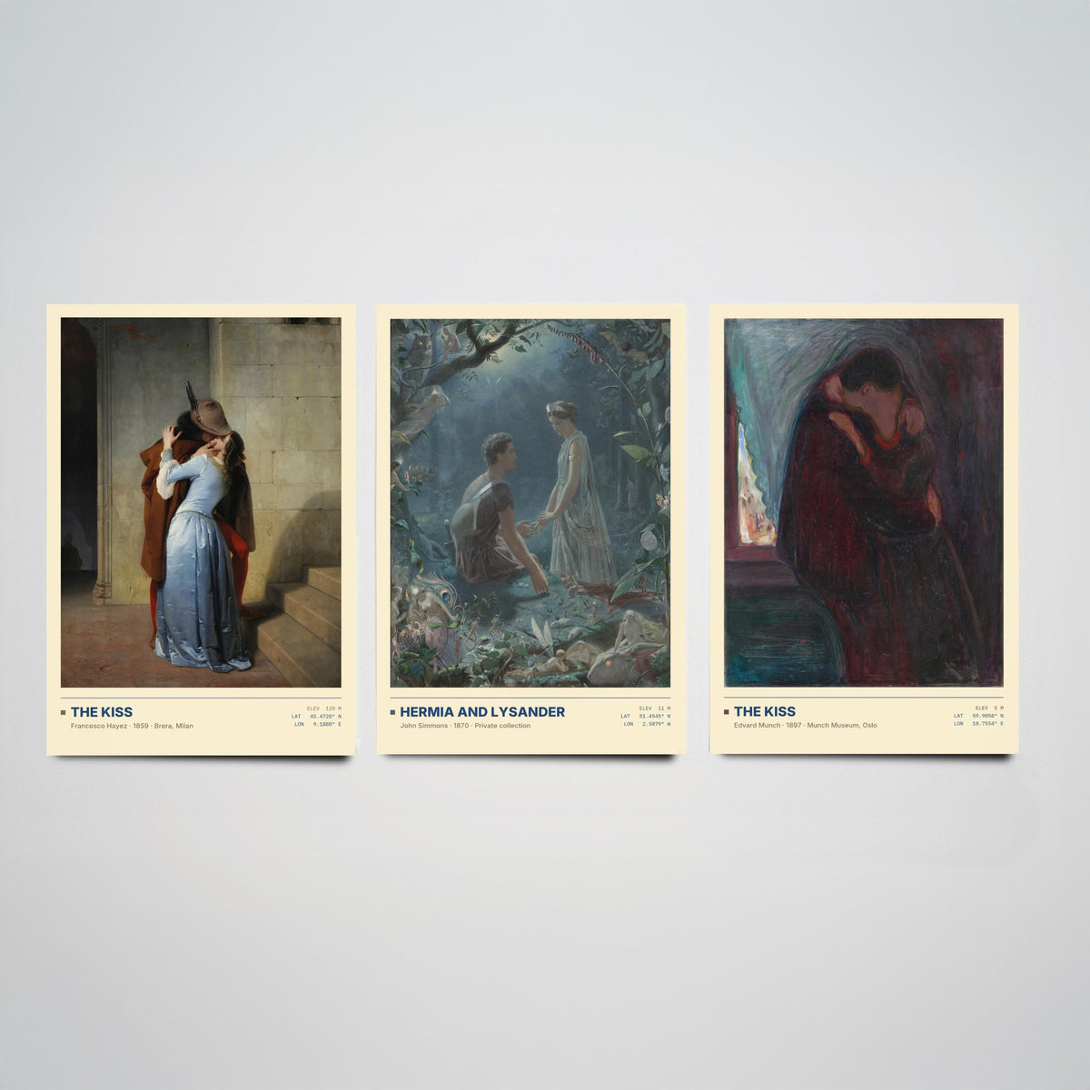 Romantic Embraces Set of Three Art Prints - The Kiss by Hayez, Hermia and Lysander, The Kiss by Munch - Love Gallery Posters - Paintings