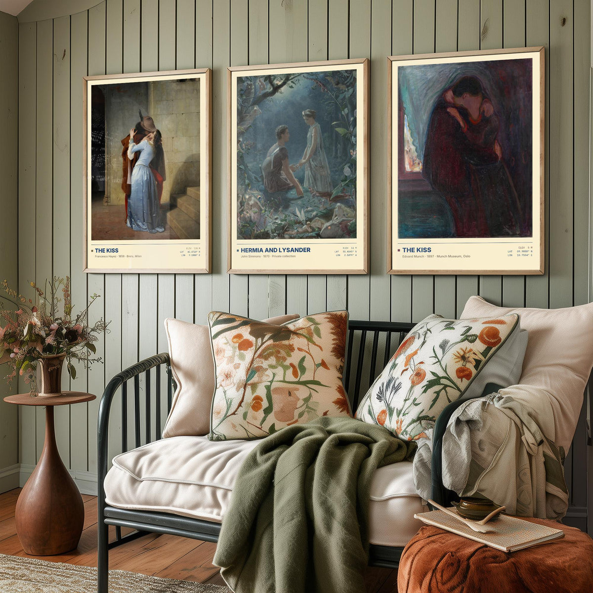 Romantic Embraces Set of Three Art Prints - The Kiss by Hayez, Hermia and Lysander, The Kiss by Munch - Love Gallery Posters - Paintings