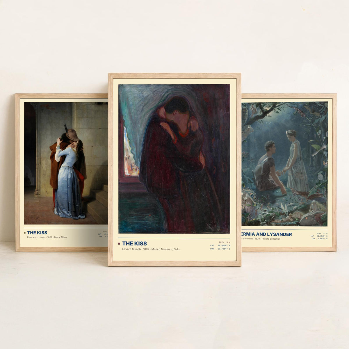 Romantic Embraces Set of Three Art Prints - The Kiss by Hayez, Hermia and Lysander, The Kiss by Munch - Love Gallery Posters - Paintings