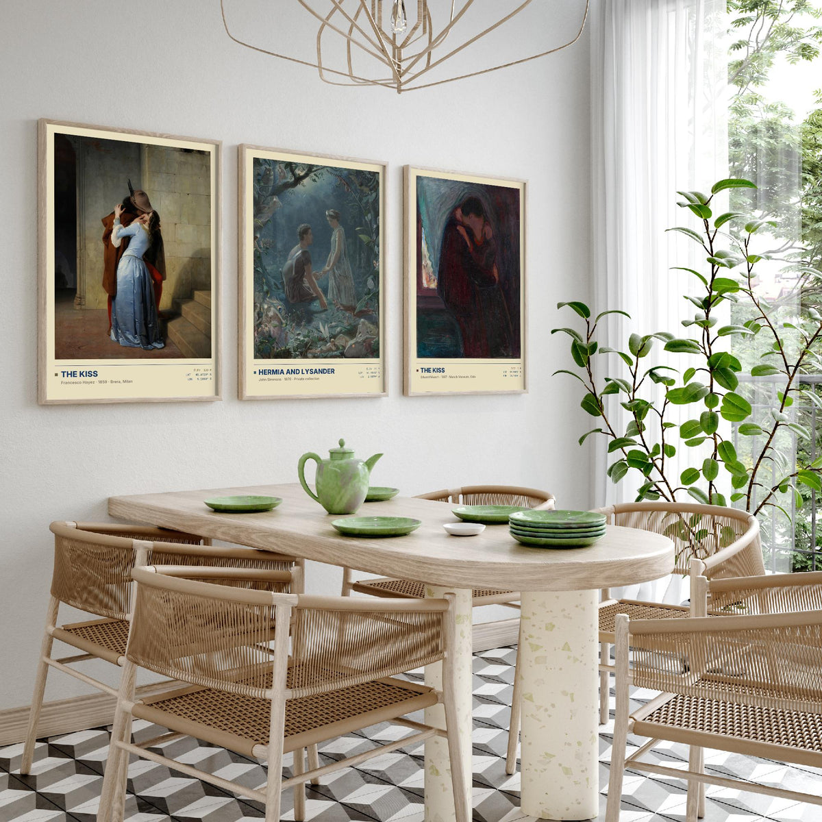 Romantic Embraces Set of Three Art Prints - The Kiss by Hayez, Hermia and Lysander, The Kiss by Munch - Love Gallery Posters - Paintings