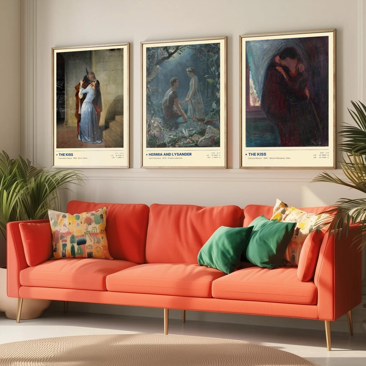 Romantic Embraces Set of Three Art Prints - The Kiss by Hayez, Hermia and Lysander, The Kiss by Munch - Love Gallery Posters - Paintings