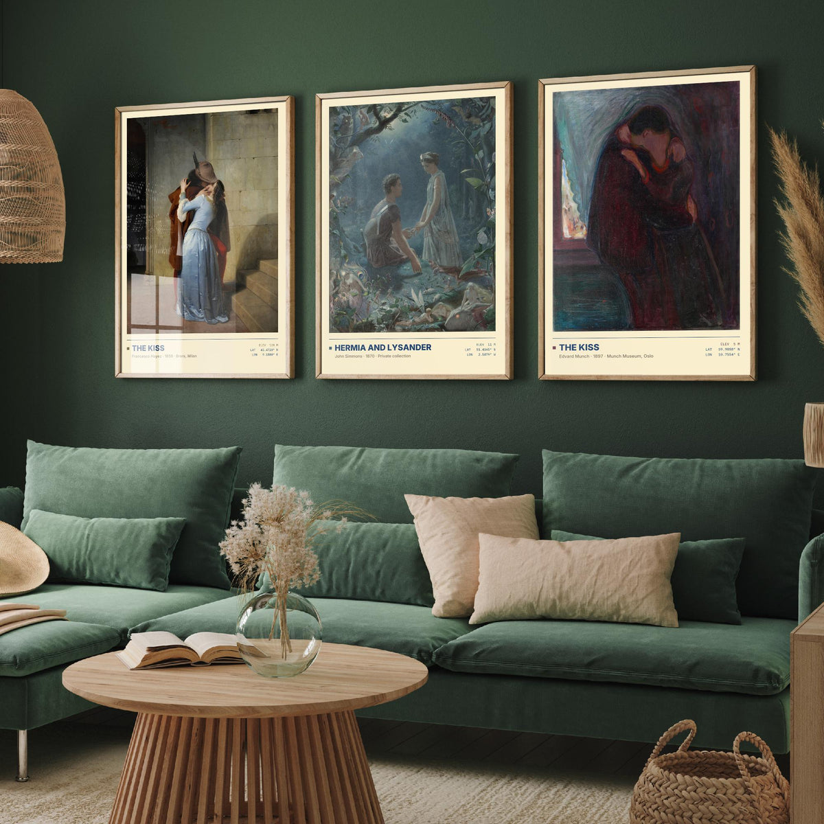 Romantic Embraces Set of Three Art Prints - The Kiss by Hayez, Hermia and Lysander, The Kiss by Munch - Love Gallery Posters - Paintings