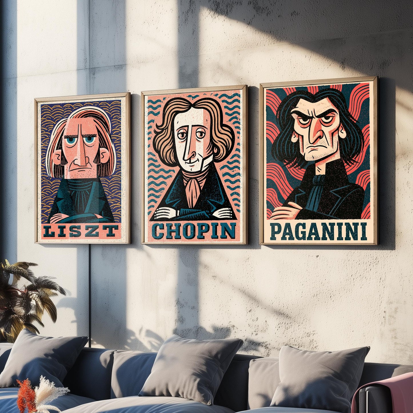 Romantic Virtuosos Set of Three Art Prints - Liszt, Chopin, Paganini - Classical Music Poster Wall Art Gift Illustration