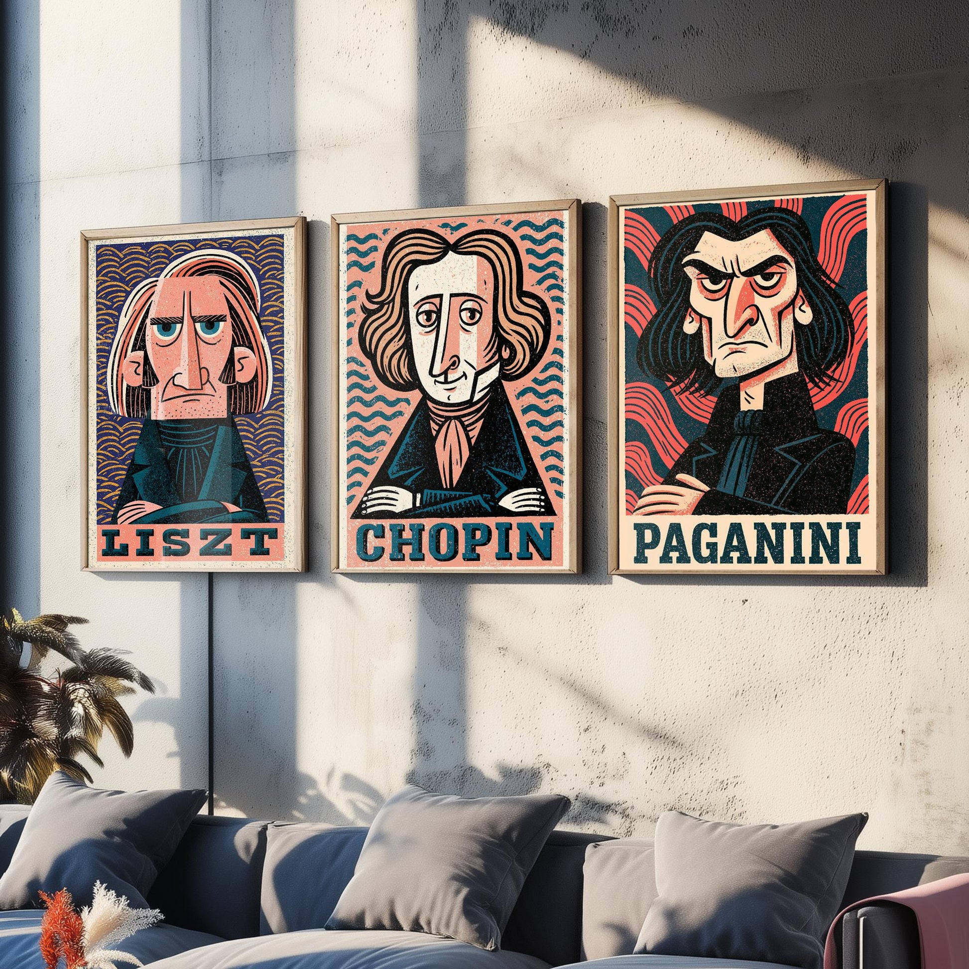 Romantic Virtuosos Set of Three Art Prints - Liszt, Chopin, Paganini - Classical Music Poster Wall Art Gift Illustration