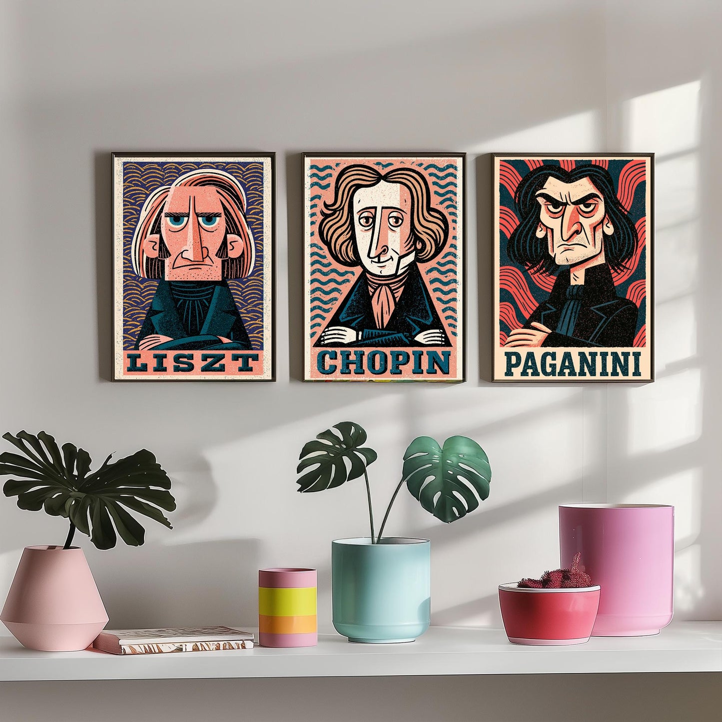 Romantic Virtuosos Set of Three Art Prints - Liszt, Chopin, Paganini - Classical Music Poster Wall Art Gift Illustration