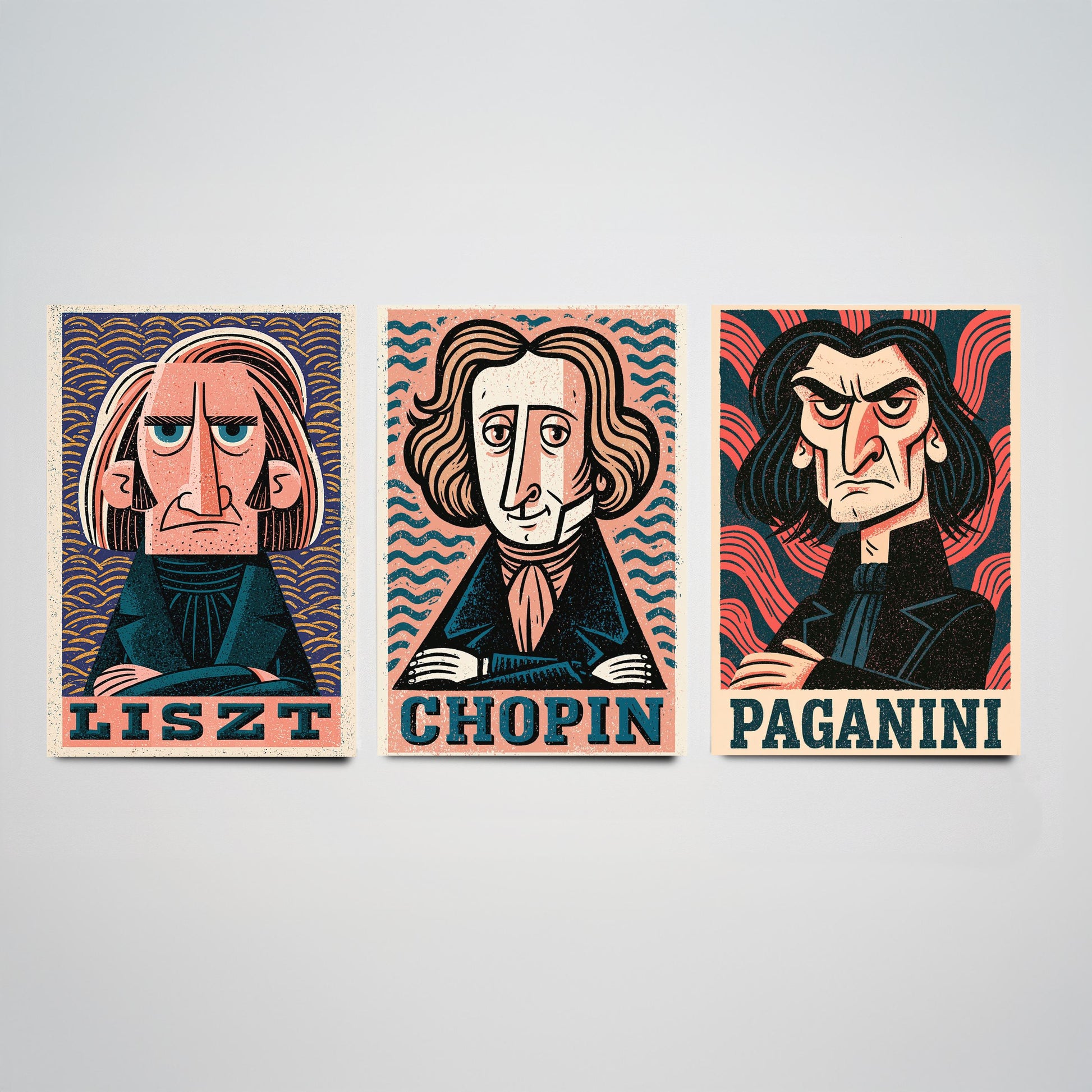 Romantic Virtuosos Set of Three Art Prints - Liszt, Chopin, Paganini - Classical Music Poster Wall Art Gift Illustration