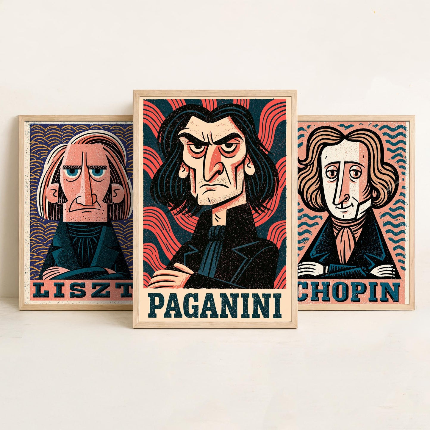 Romantic Virtuosos Set of Three Art Prints - Liszt, Chopin, Paganini - Classical Music Poster Wall Art Gift Illustration