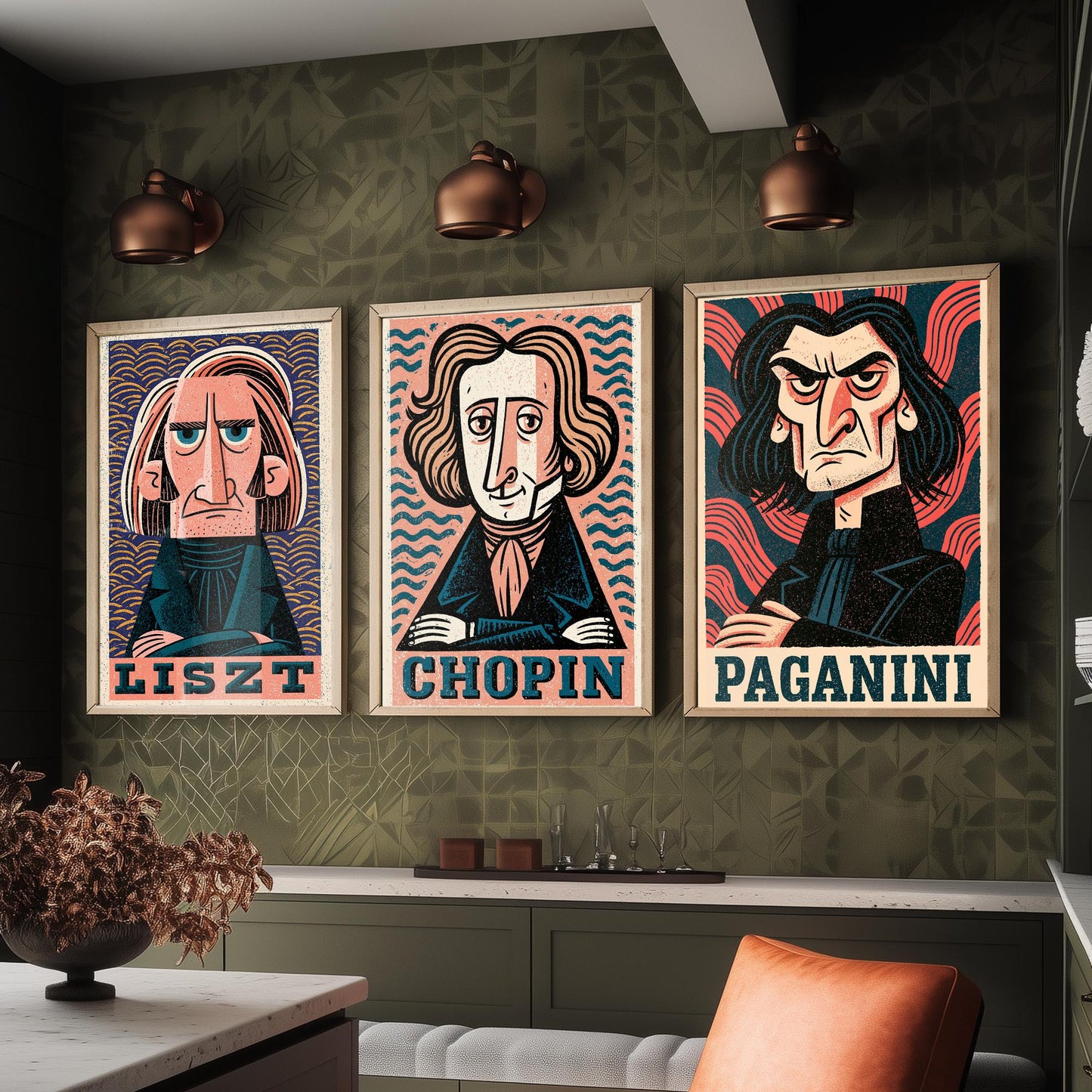 Romantic Virtuosos Set of Three Art Prints - Liszt, Chopin, Paganini - Classical Music Poster Wall Art Gift Illustration