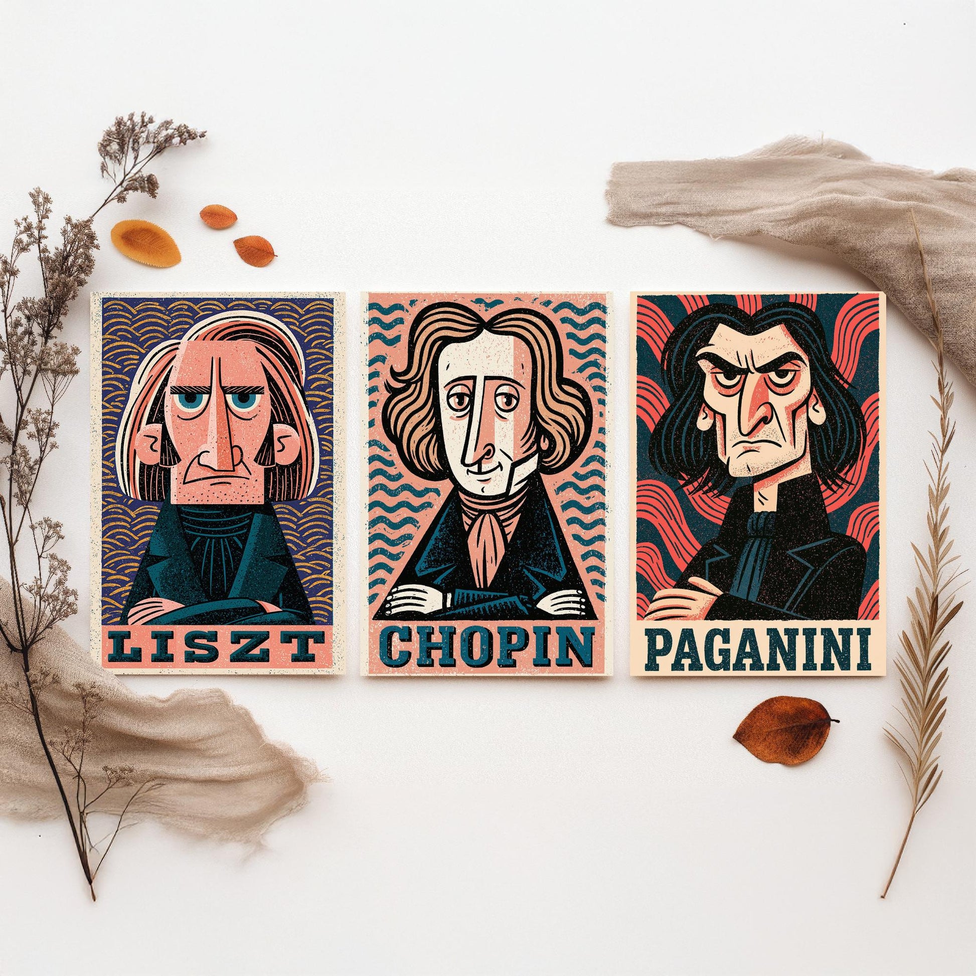 Romantic Virtuosos Set of Three Art Prints - Liszt, Chopin, Paganini - Classical Music Poster Wall Art Gift Illustration