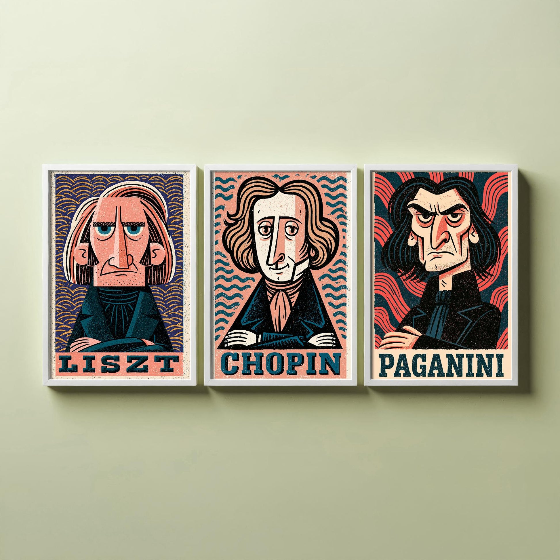 Romantic Virtuosos Set of Three Art Prints - Liszt, Chopin, Paganini - Classical Music Poster Wall Art Gift Illustration