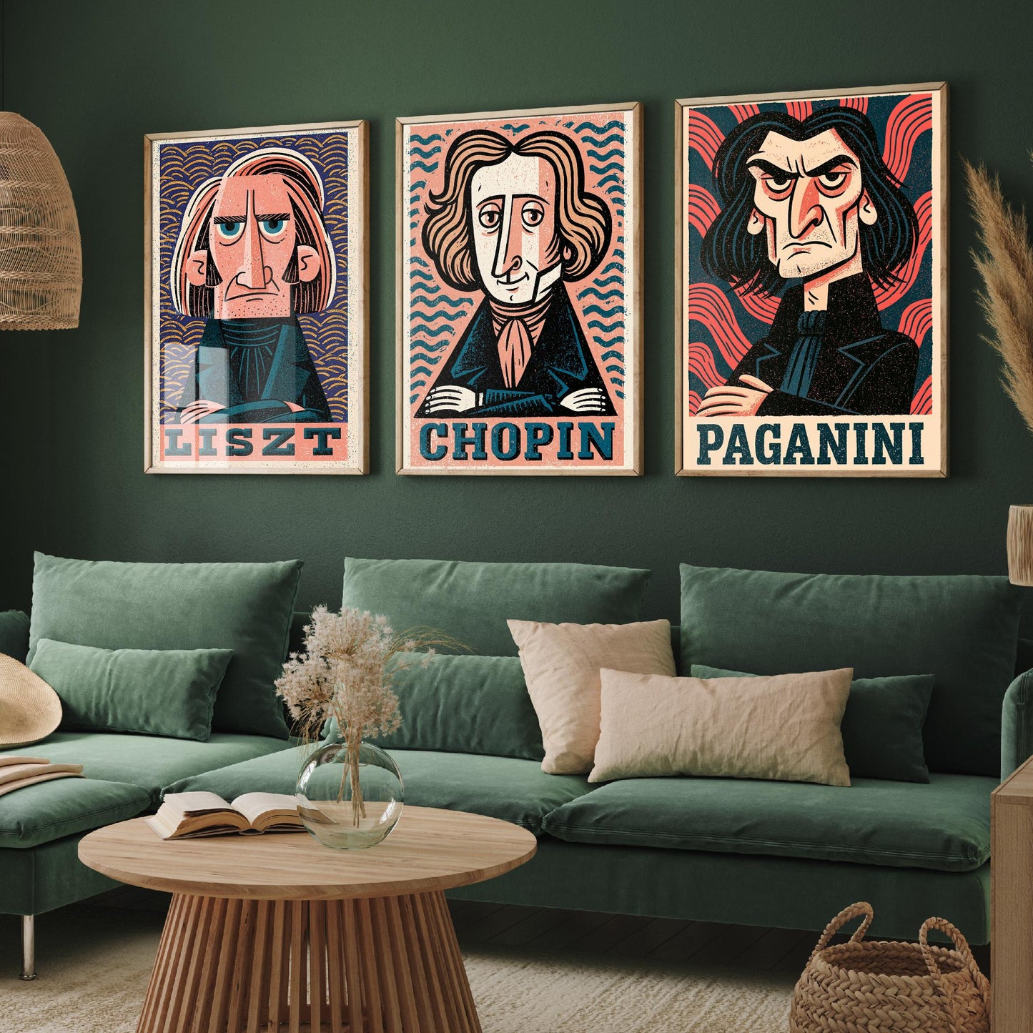Romantic Virtuosos Set of Three Art Prints - Liszt, Chopin, Paganini - Classical Music Poster Wall Art Gift Illustration