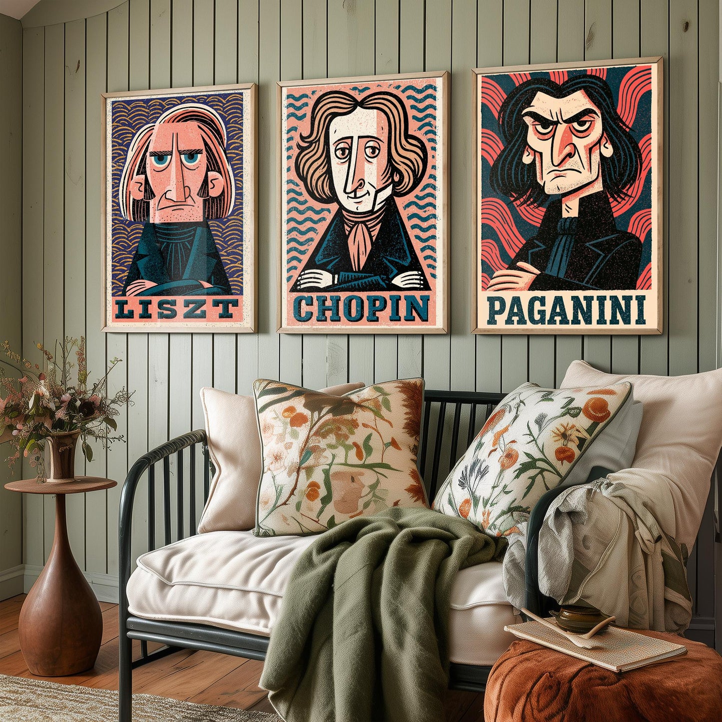 Romantic Virtuosos Set of Three Art Prints - Liszt, Chopin, Paganini - Classical Music Poster Wall Art Gift Illustration
