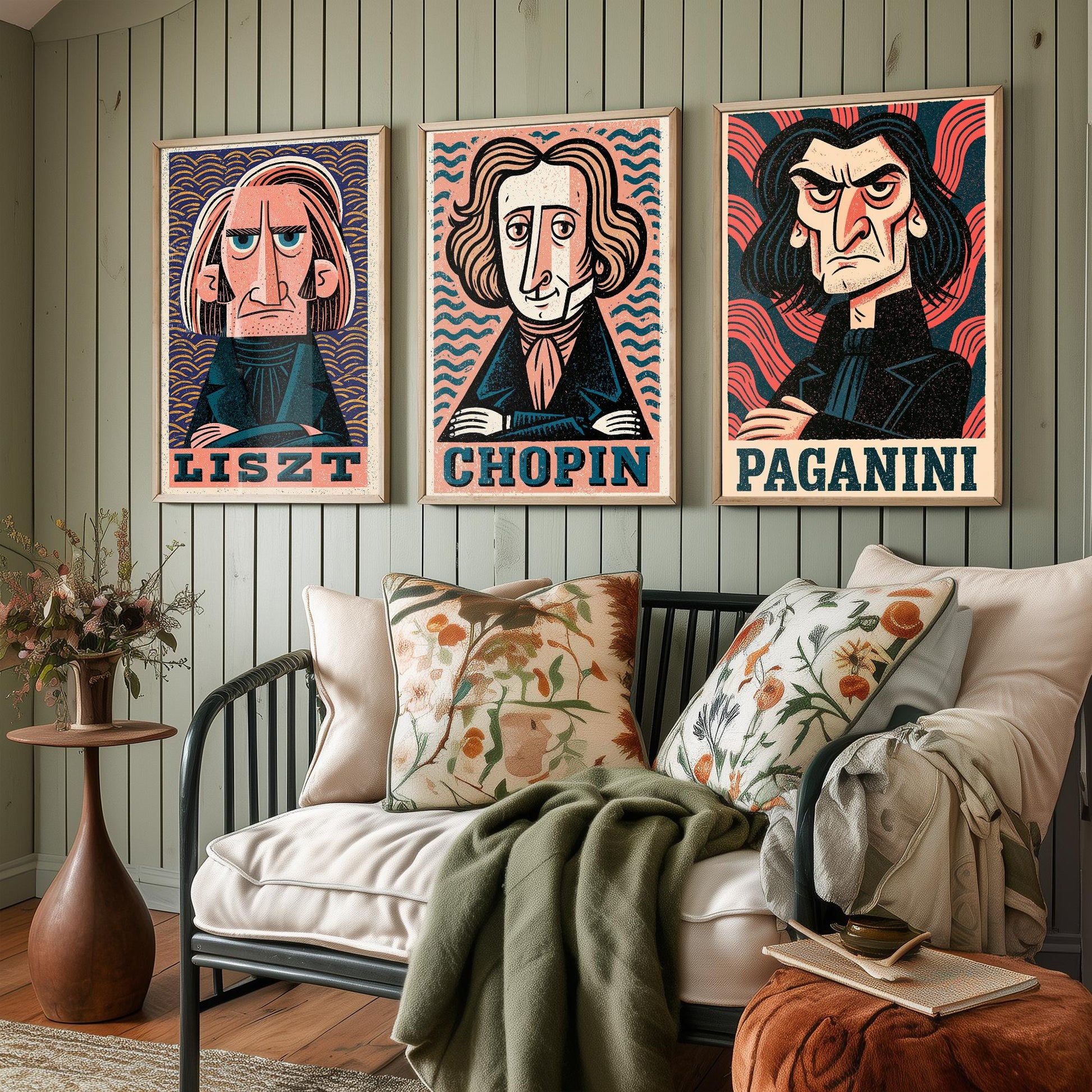 Romantic Virtuosos Set of Three Art Prints - Liszt, Chopin, Paganini - Classical Music Poster Wall Art Gift Illustration