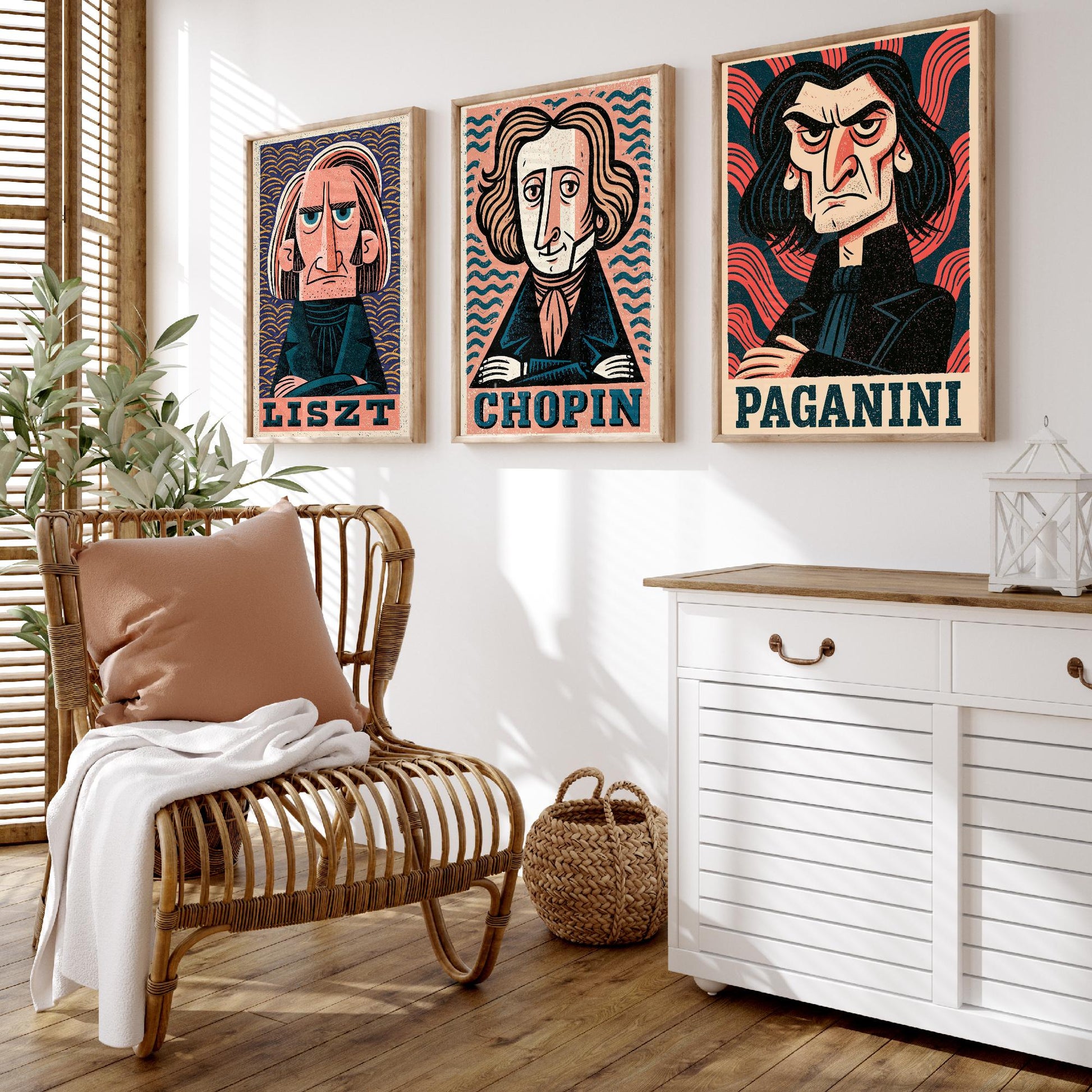 Romantic Virtuosos Set of Three Art Prints - Liszt, Chopin, Paganini - Classical Music Poster Wall Art Gift Illustration