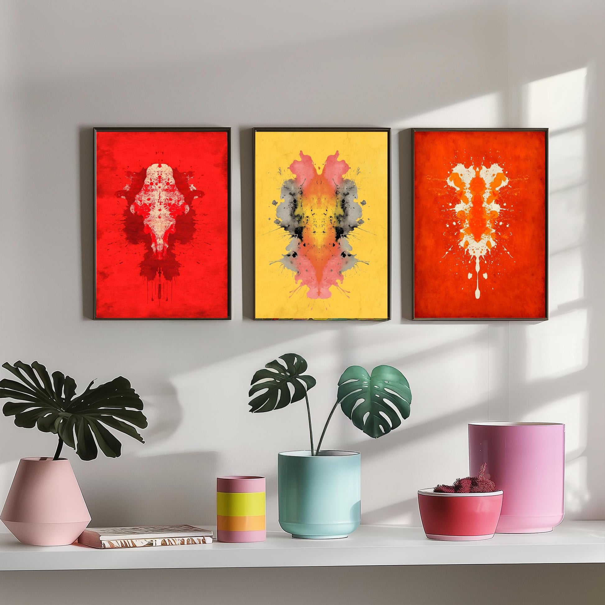 Rorschach Inkblot Set of Three Art Prints - Bold Red Yellow Orange - Psychology Poster Illustration Therapist Gift