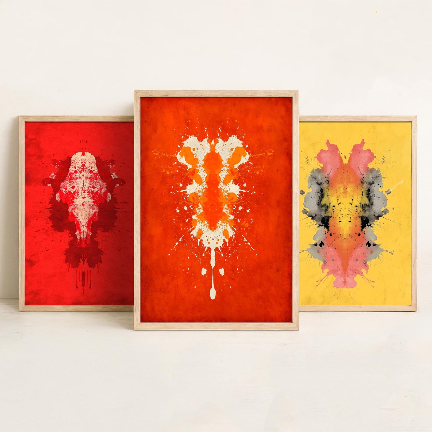 Rorschach Inkblot Set of Three Art Prints - Bold Red Yellow Orange - Psychology Poster Illustration Therapist Gift