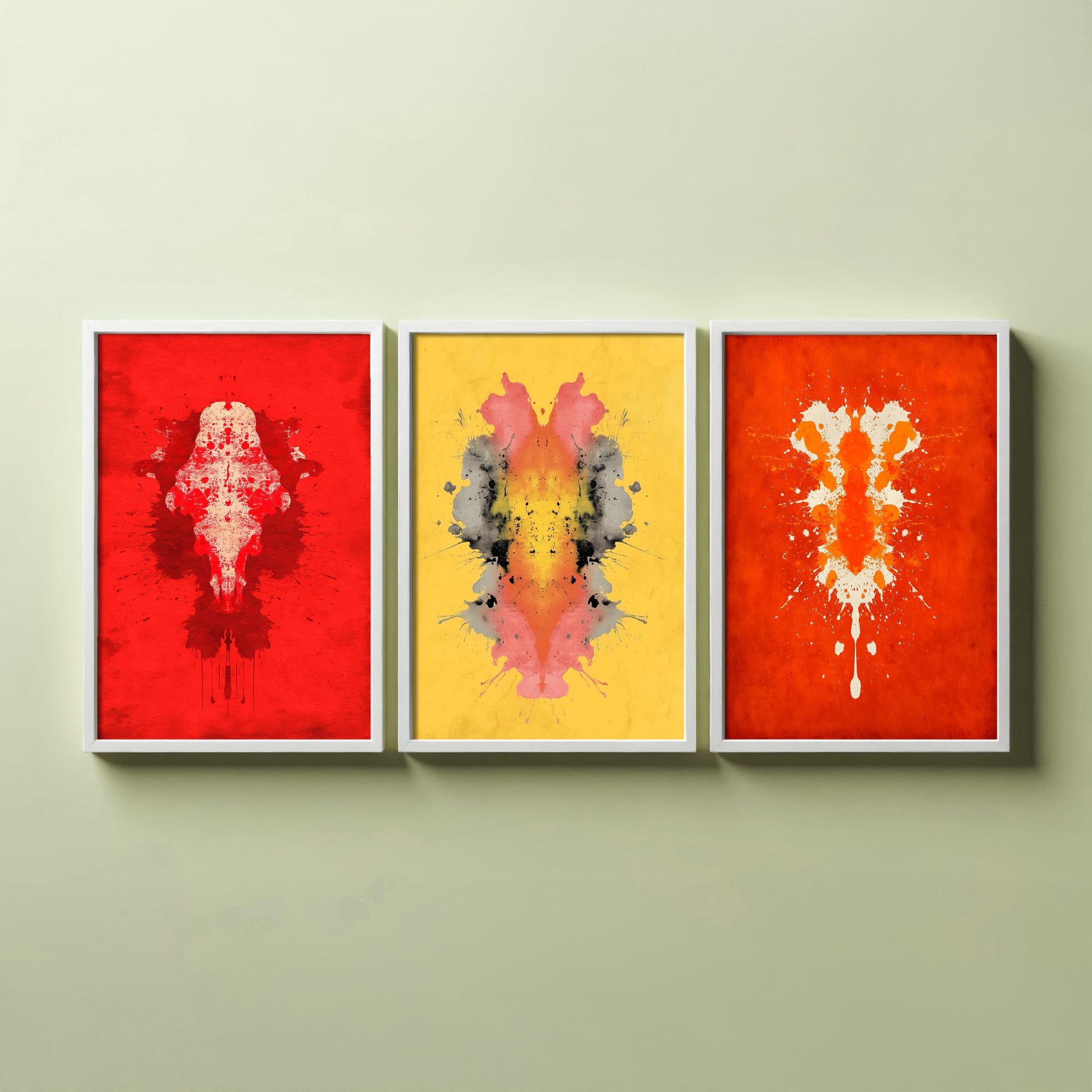 Rorschach Inkblot Set of Three Art Prints - Bold Red Yellow Orange - Psychology Poster Illustration Therapist Gift