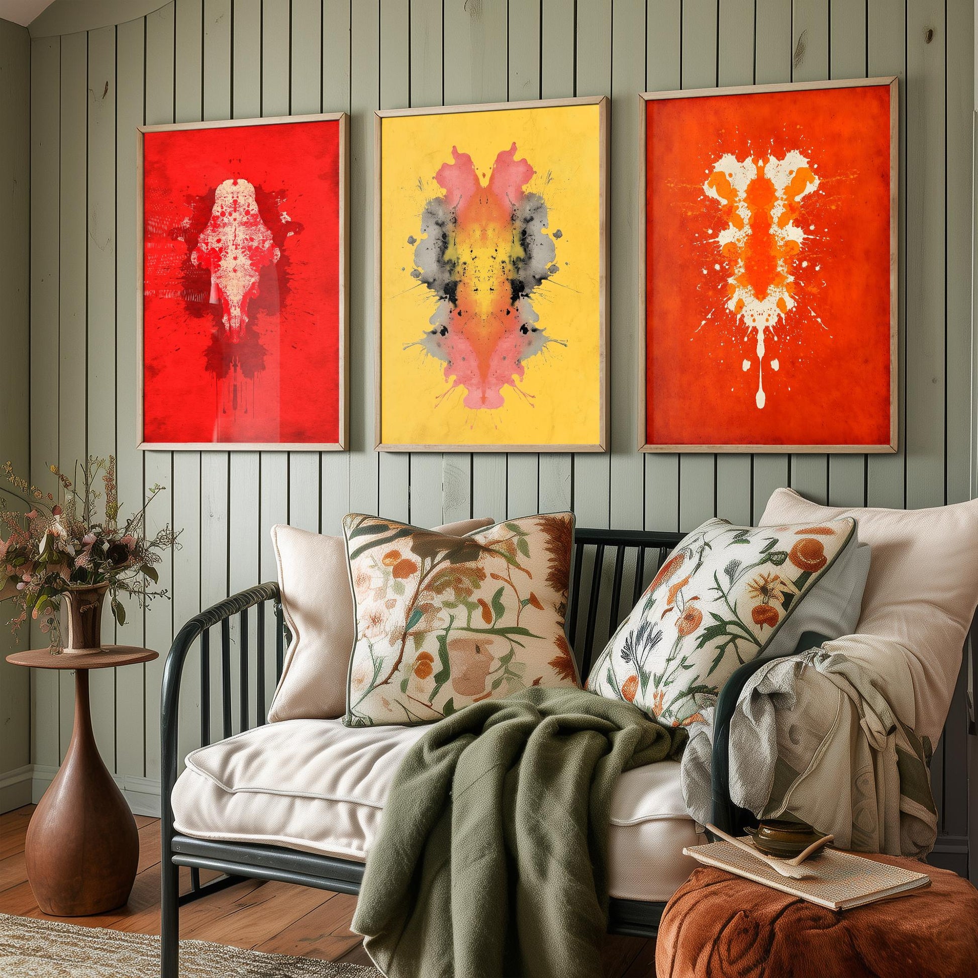Rorschach Inkblot Set of Three Art Prints - Bold Red Yellow Orange - Psychology Poster Illustration Therapist Gift