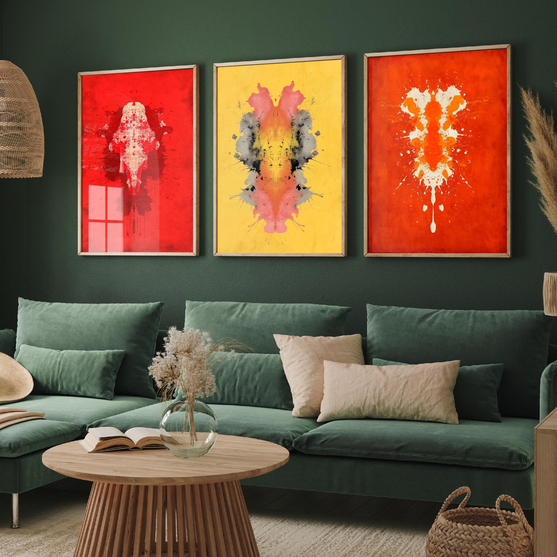 Rorschach Inkblot Set of Three Art Prints - Bold Red Yellow Orange - Psychology Poster Illustration Therapist Gift
