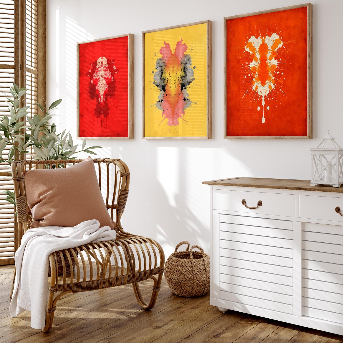 Rorschach Inkblot Set of Three Art Prints - Bold Red Yellow Orange - Psychology Poster Illustration Therapist Gift