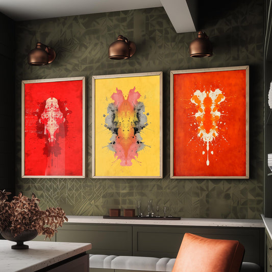 Rorschach Inkblot Set of Three Art Prints - Bold Red Yellow Orange - Psychology Poster Illustration Therapist Gift