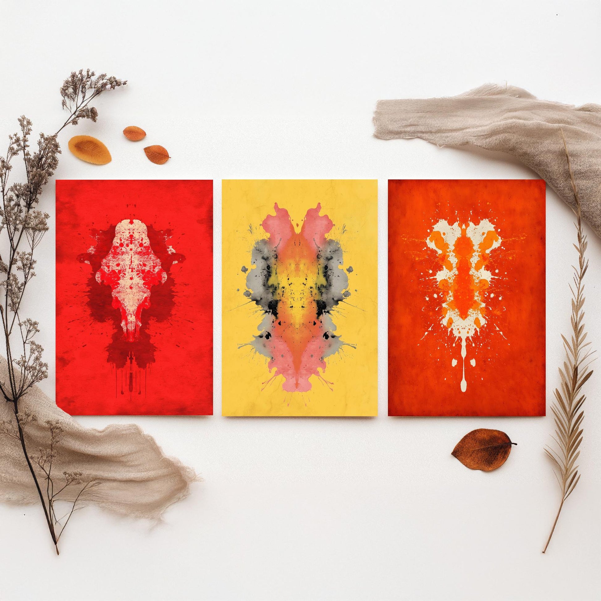 Rorschach Inkblot Set of Three Art Prints - Bold Red Yellow Orange - Psychology Poster Illustration Therapist Gift