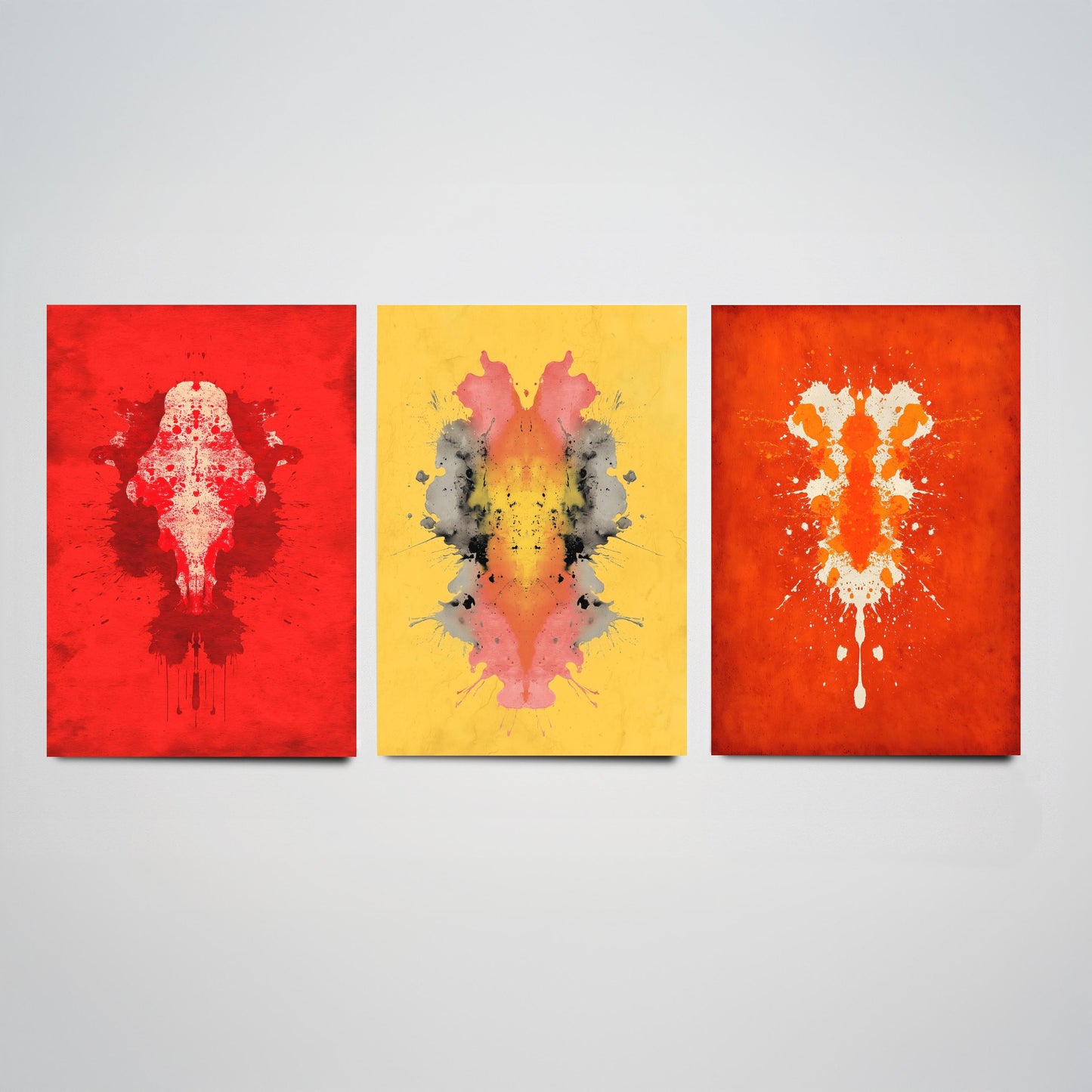 Rorschach Inkblot Set of Three Art Prints - Bold Red Yellow Orange - Psychology Poster Illustration Therapist Gift