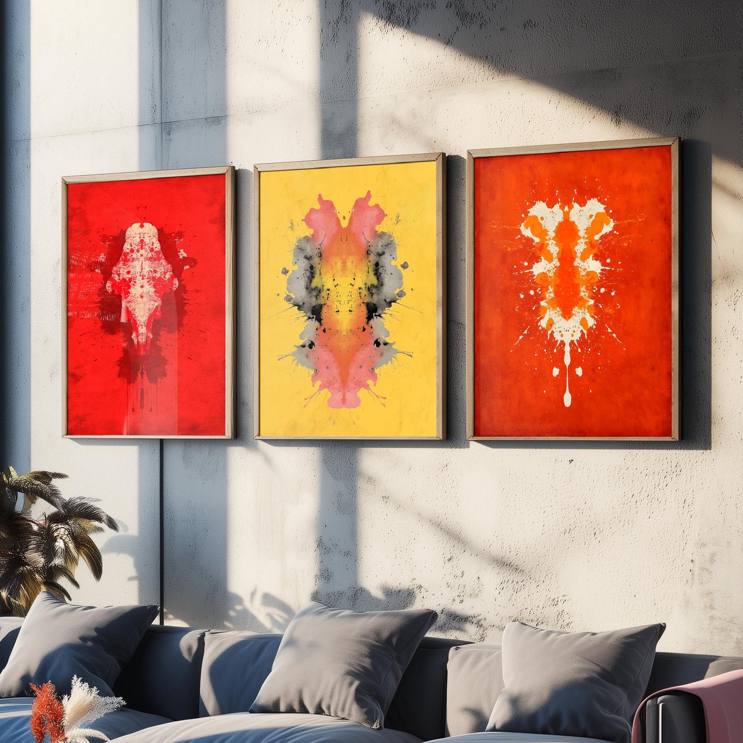 Rorschach Inkblot Set of Three Art Prints - Bold Red Yellow Orange - Psychology Poster Illustration Therapist Gift