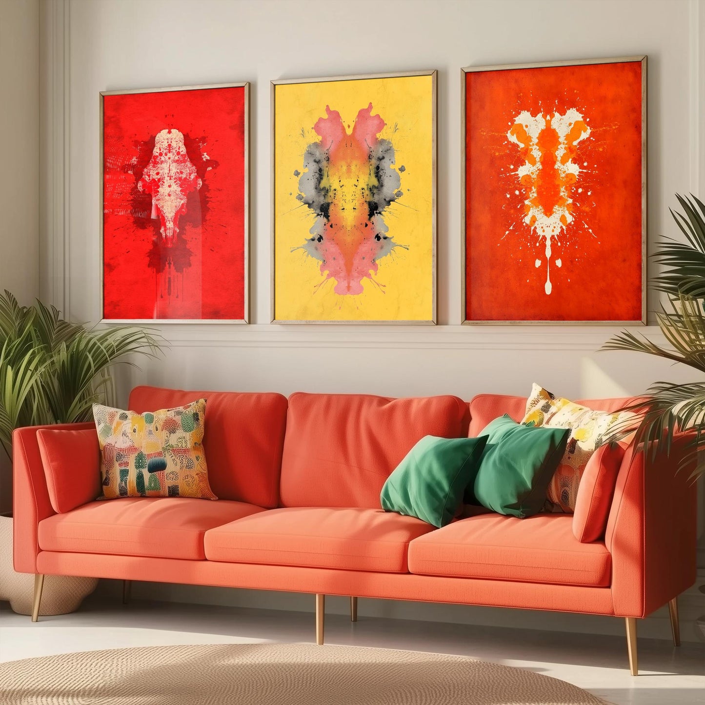 Rorschach Inkblot Set of Three Art Prints - Bold Red Yellow Orange - Psychology Poster Illustration Therapist Gift