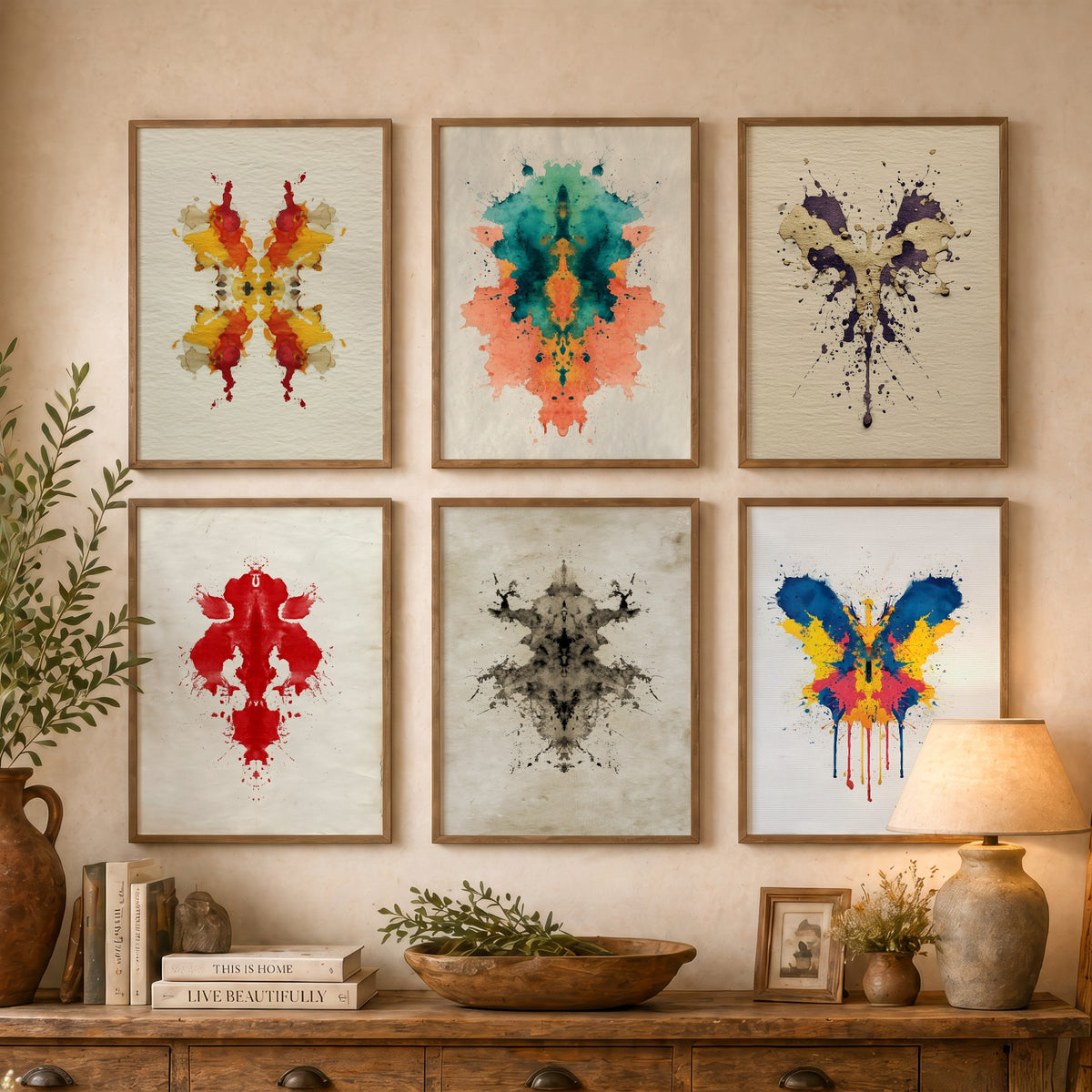 Set of Six Rorschach Inkblot Art Prints - 6 Colourful Ink Blot Posters - Red, Blue, Teal Abstract Psychology Watercolour Painting