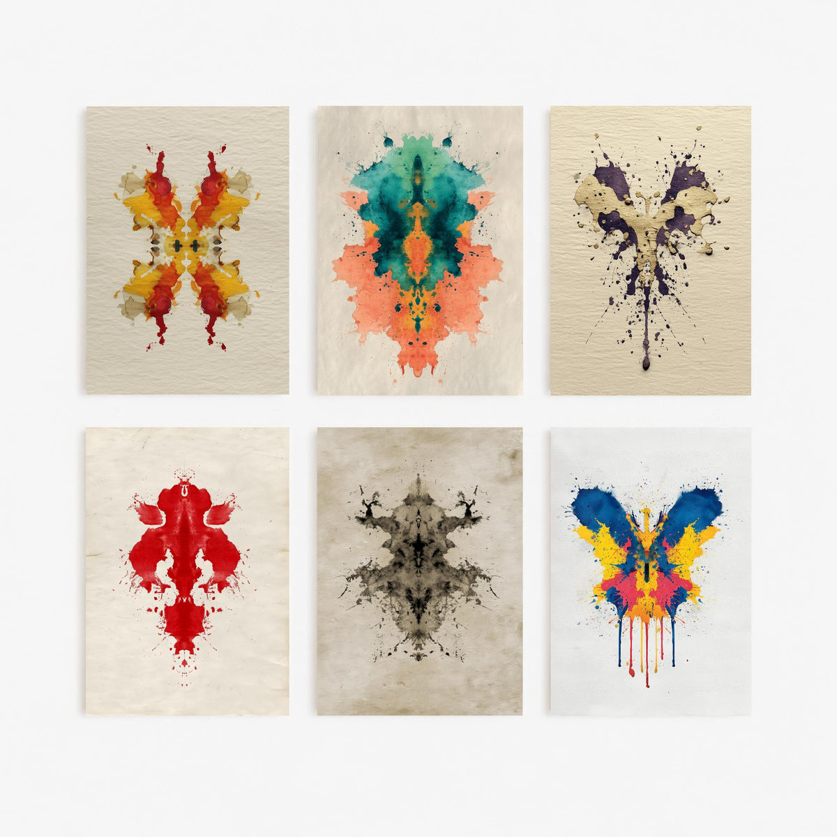 Set of Six Rorschach Inkblot Art Prints - 6 Colourful Ink Blot Posters - Red, Blue, Teal Abstract Psychology Watercolour Painting