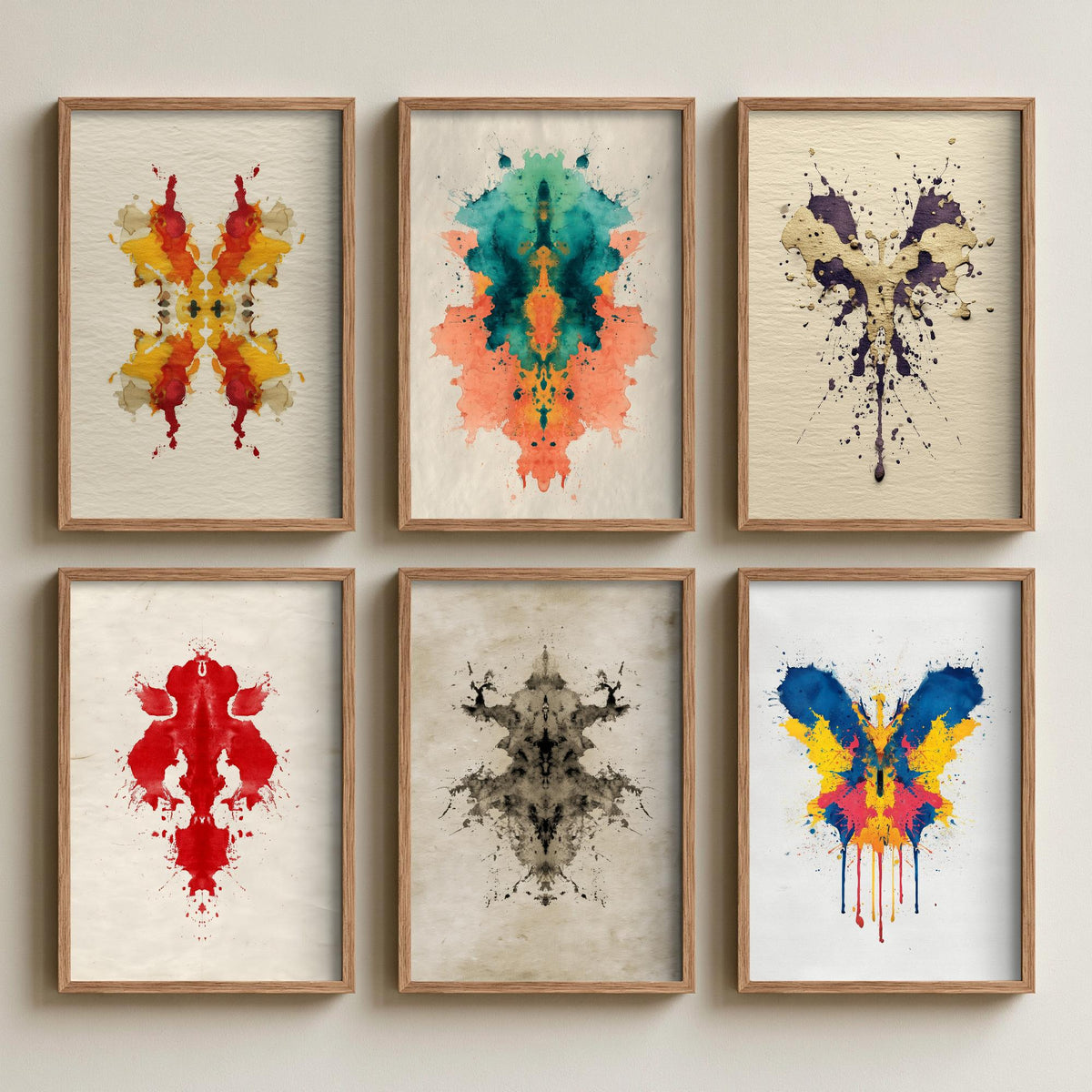 Set of Six Rorschach Inkblot Art Prints - 6 Colourful Ink Blot Posters - Red, Blue, Teal Abstract Psychology Watercolour Painting