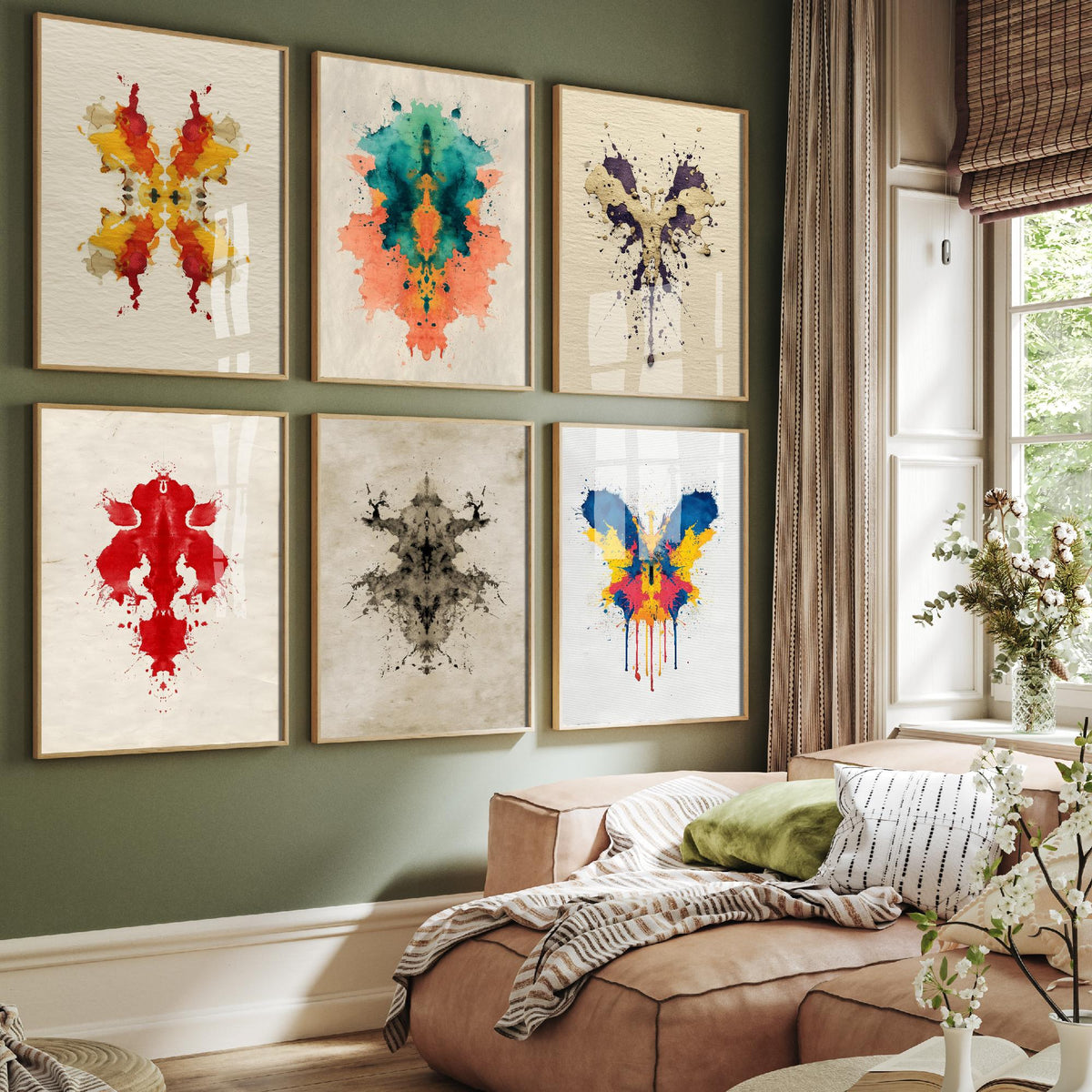 Set of Six Rorschach Inkblot Art Prints - 6 Colourful Ink Blot Posters - Red, Blue, Teal Abstract Psychology Watercolour Painting