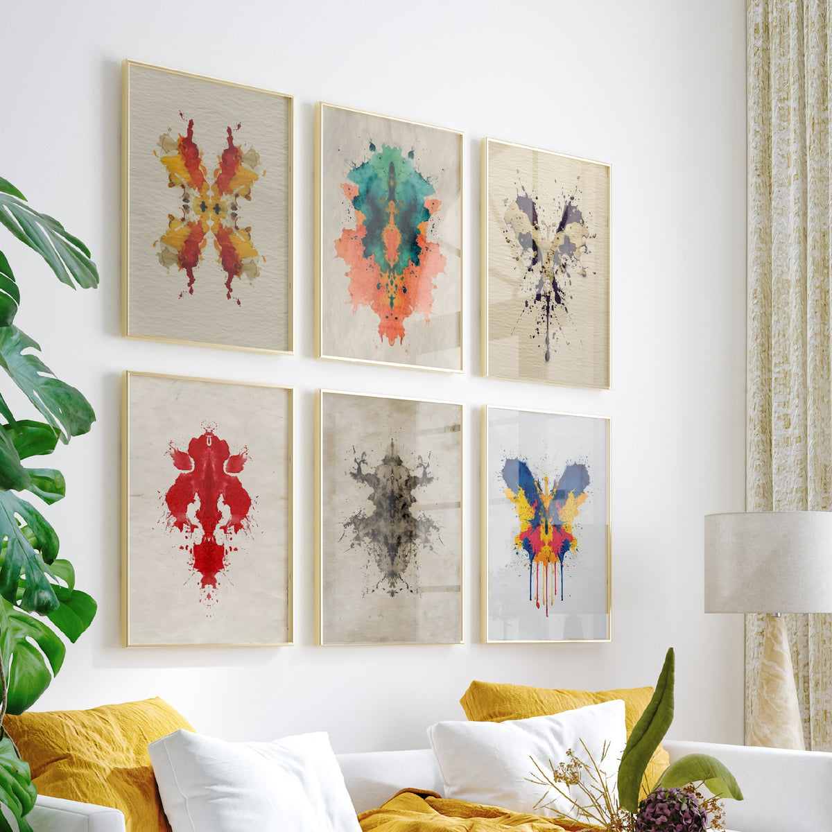 Set of Six Rorschach Inkblot Art Prints - 6 Colourful Ink Blot Posters - Red, Blue, Teal Abstract Psychology Watercolour Painting