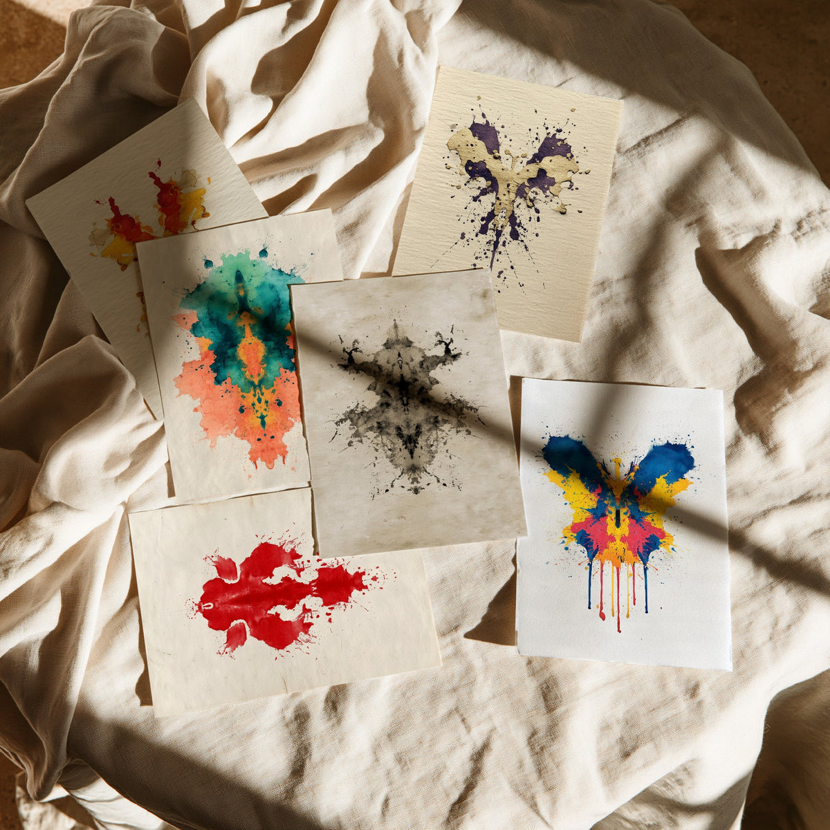 Set of Six Rorschach Inkblot Art Prints - 6 Colourful Ink Blot Posters - Red, Blue, Teal Abstract Psychology Watercolour Painting