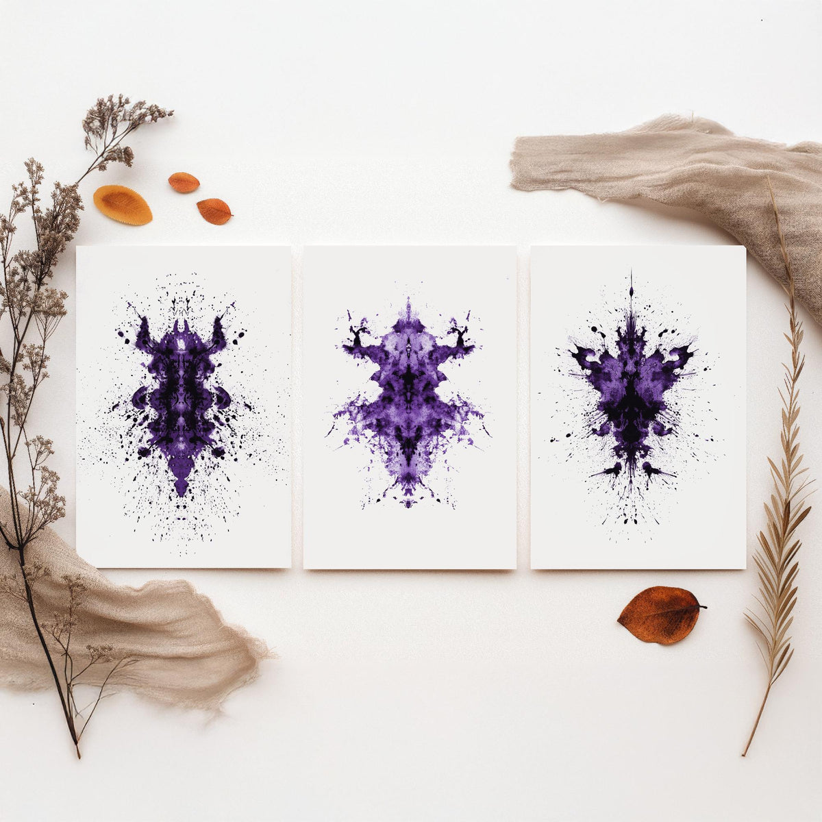 Rorschach Inkblot Set of Three Art Prints - Creepy Crawlie Bug Ink Blot Posters - Purple and Black Abstract Psychology Painting