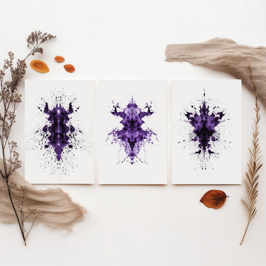 Rorschach Inkblot Set of Three Art Prints - Creepy Crawlie Bug Ink Blot Posters - Purple and Black Abstract Psychology Painting