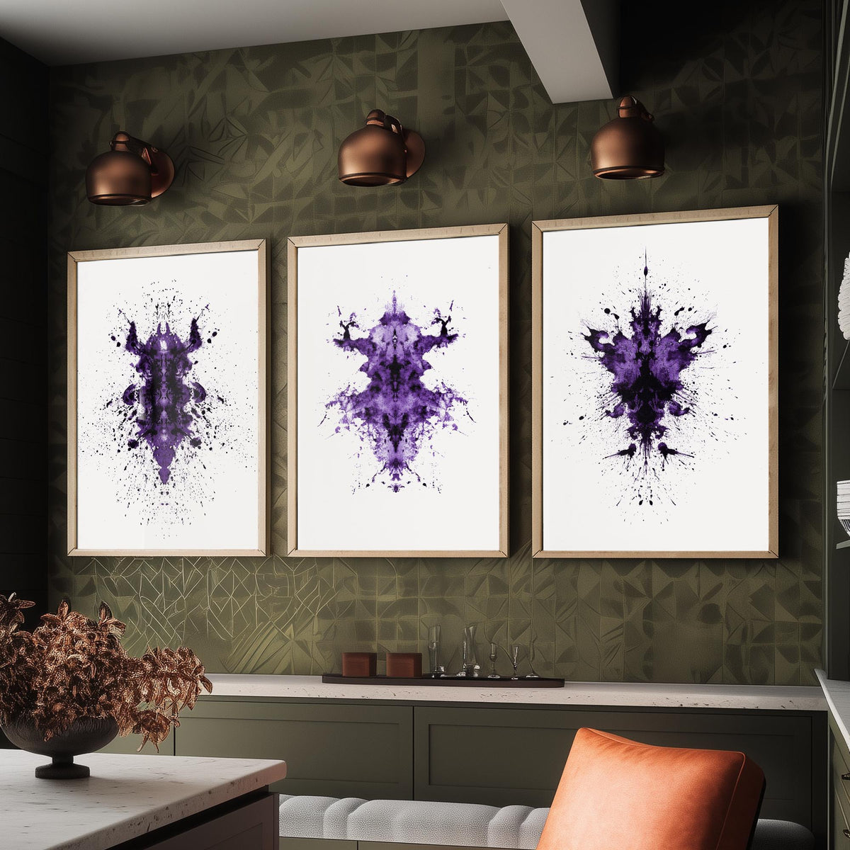 Rorschach Inkblot Set of Three Art Prints - Creepy Crawlie Bug Ink Blot Posters - Purple and Black Abstract Psychology Painting