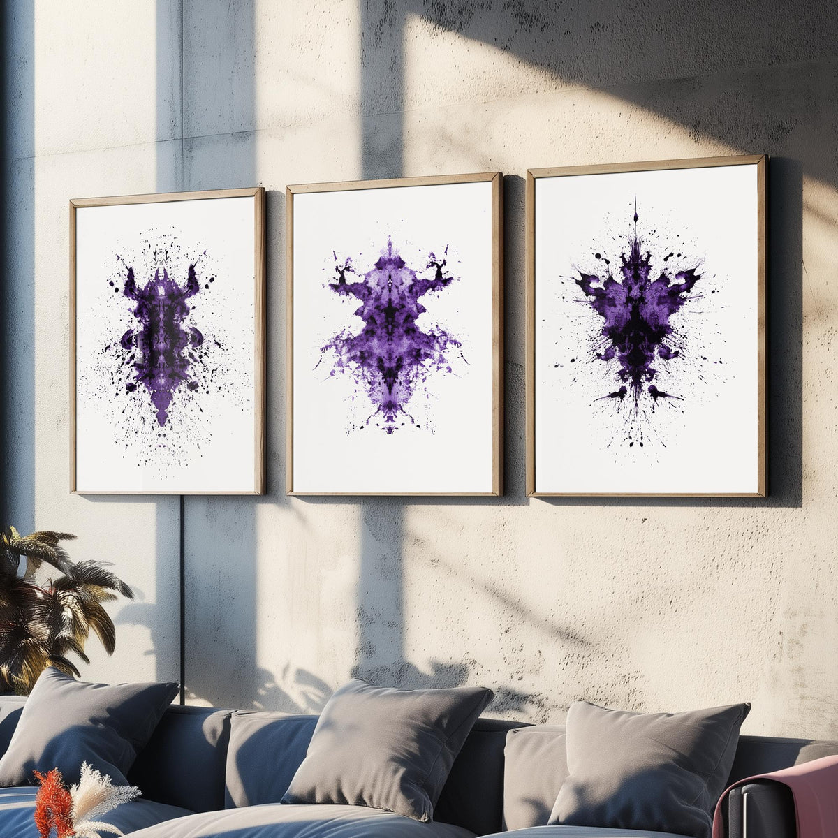 Rorschach Inkblot Set of Three Art Prints - Creepy Crawlie Bug Ink Blot Posters - Purple and Black Abstract Psychology Painting