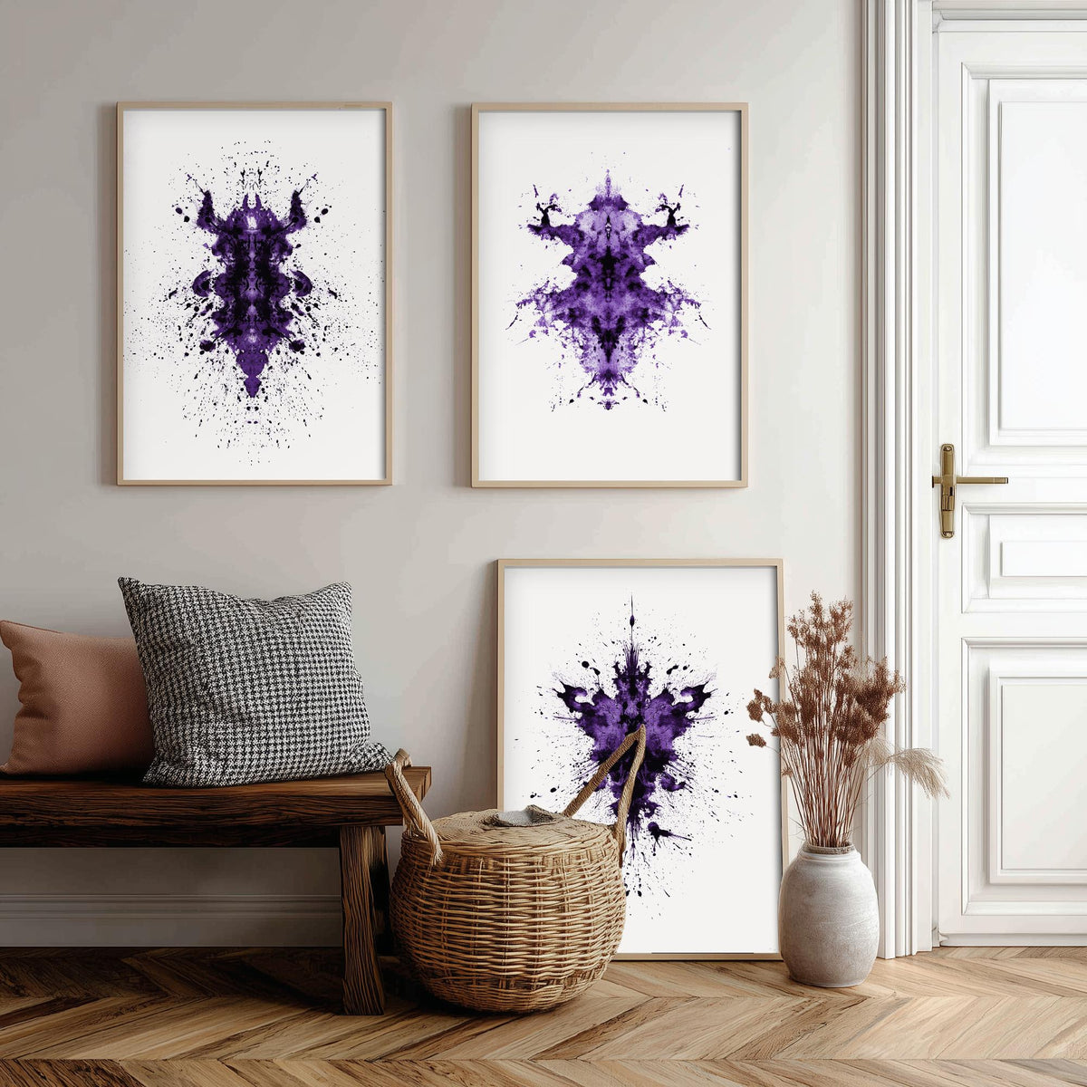 Rorschach Inkblot Set of Three Art Prints - Creepy Crawlie Bug Ink Blot Posters - Purple and Black Abstract Psychology Painting