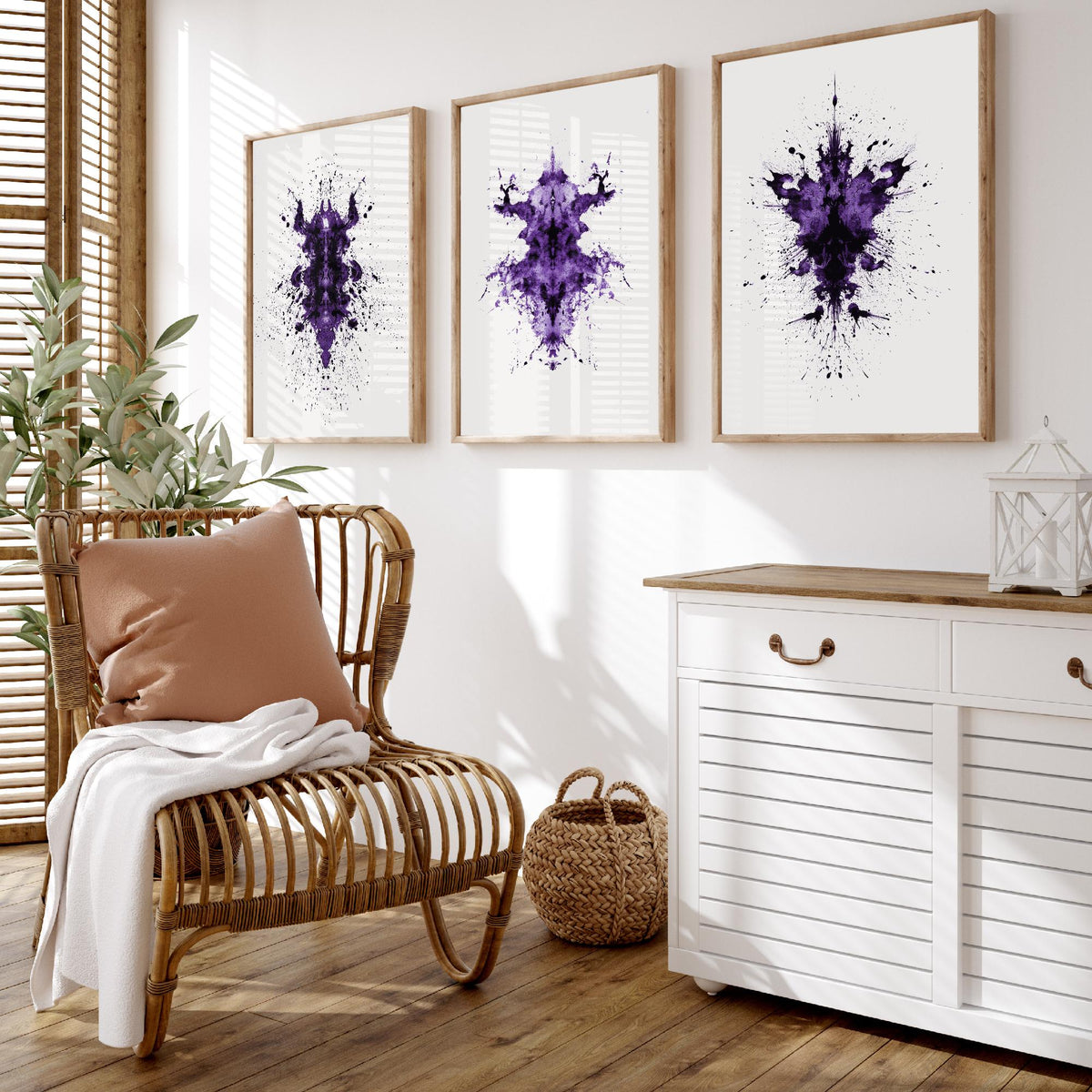 Rorschach Inkblot Set of Three Art Prints - Creepy Crawlie Bug Ink Blot Posters - Purple and Black Abstract Psychology Painting