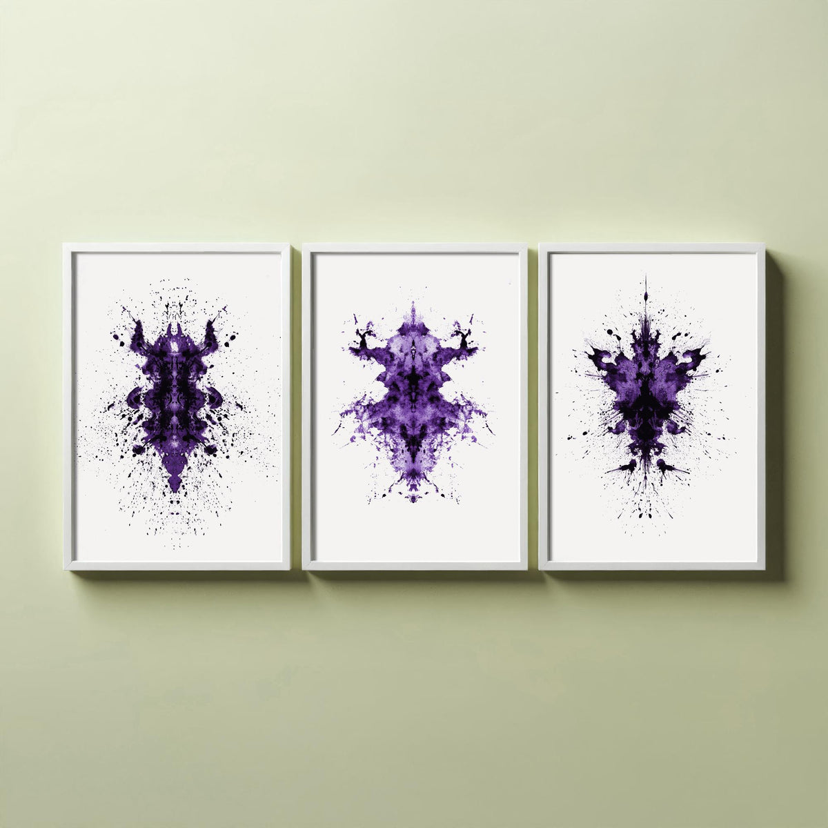 Rorschach Inkblot Set of Three Art Prints - Creepy Crawlie Bug Ink Blot Posters - Purple and Black Abstract Psychology Painting