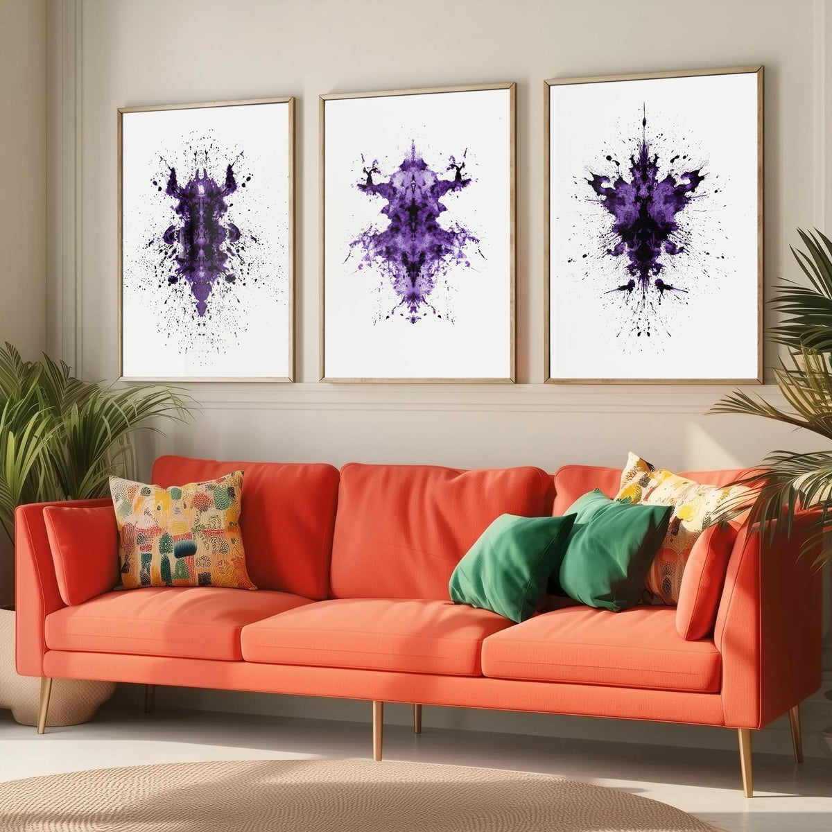 Rorschach Inkblot Set of Three Art Prints - Creepy Crawlie Bug Ink Blot Posters - Purple and Black Abstract Psychology Painting