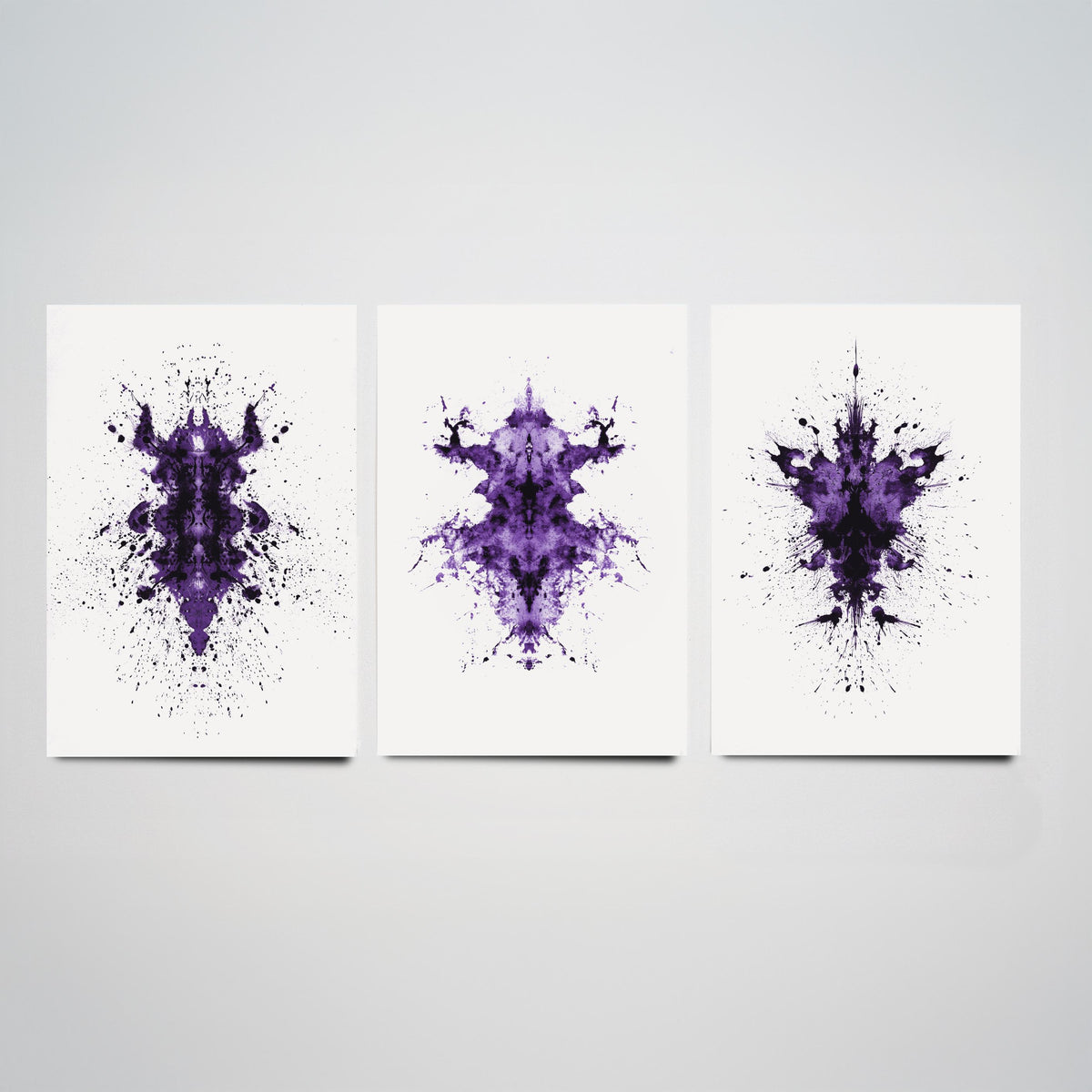 Rorschach Inkblot Set of Three Art Prints - Creepy Crawlie Bug Ink Blot Posters - Purple and Black Abstract Psychology Painting
